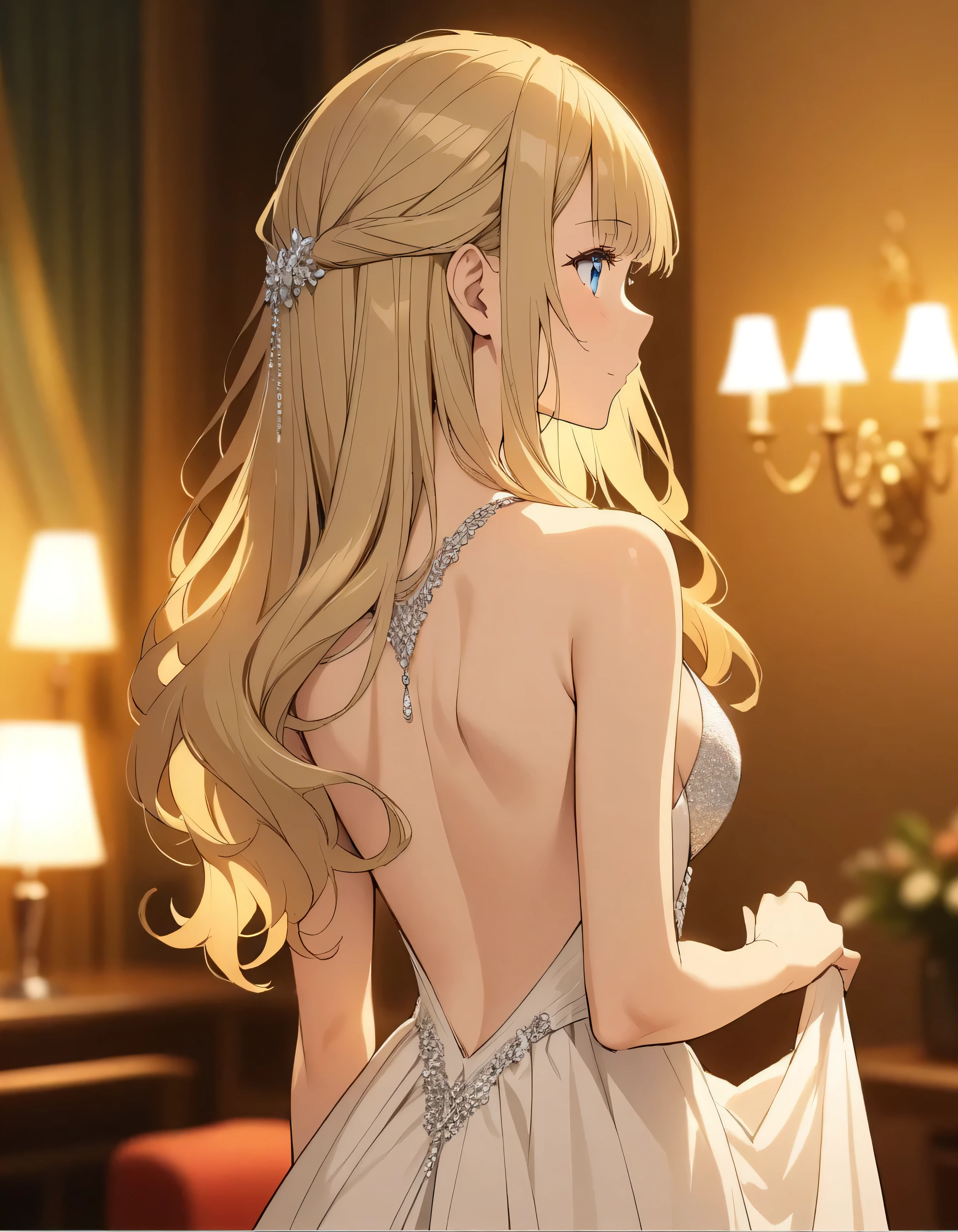 ((masterpiece)),(((best quality))),((ultra-detailed)),((illustration)),((disheveled hair)),((frills)),(1 girl),(solo),Wavy hair secretary,solitary,Exquisite eyes,Fine silver hair,( Smooth skin:1.2)( Wear a gorgeous and sparkling evening gown:1.2),Slender body proportions,Back,Gorgeous room,backless outfit,back focus,from behind,Simple background,Blurred Background,Glossy background,long hair,Hairstyle,upper body,Hairstyle blue eyes,blonde hair, 