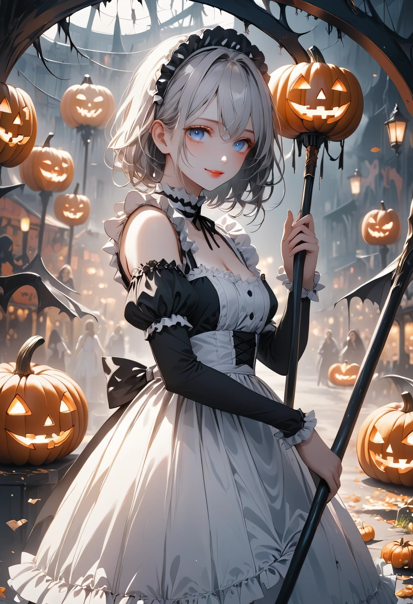 masterpiece, best quality, ultra-detailed, vivid colors, aggressive tone, Halloween-themed. A gothic maid stands motionless in the center of a haunted carnival, her frilly black and white maid outfit perfectly arranged, with sharp lace edges glowing faintly in the eerie light. In one hand, she gently holds a large, candy-shaped scythe, her fingers curled delicately around the handle. Her eyes gleam with a quiet madness, and a small, unsettling smile curves her lips. Around her, jack-o'-lanterns flicker and rusted carnival rides creak ominously, but she remains calm, standing tall and poised, as if waiting for her next victim to approach. The entire scene is filled with tension, as her stillness contrasts sharply with the chaotic background.