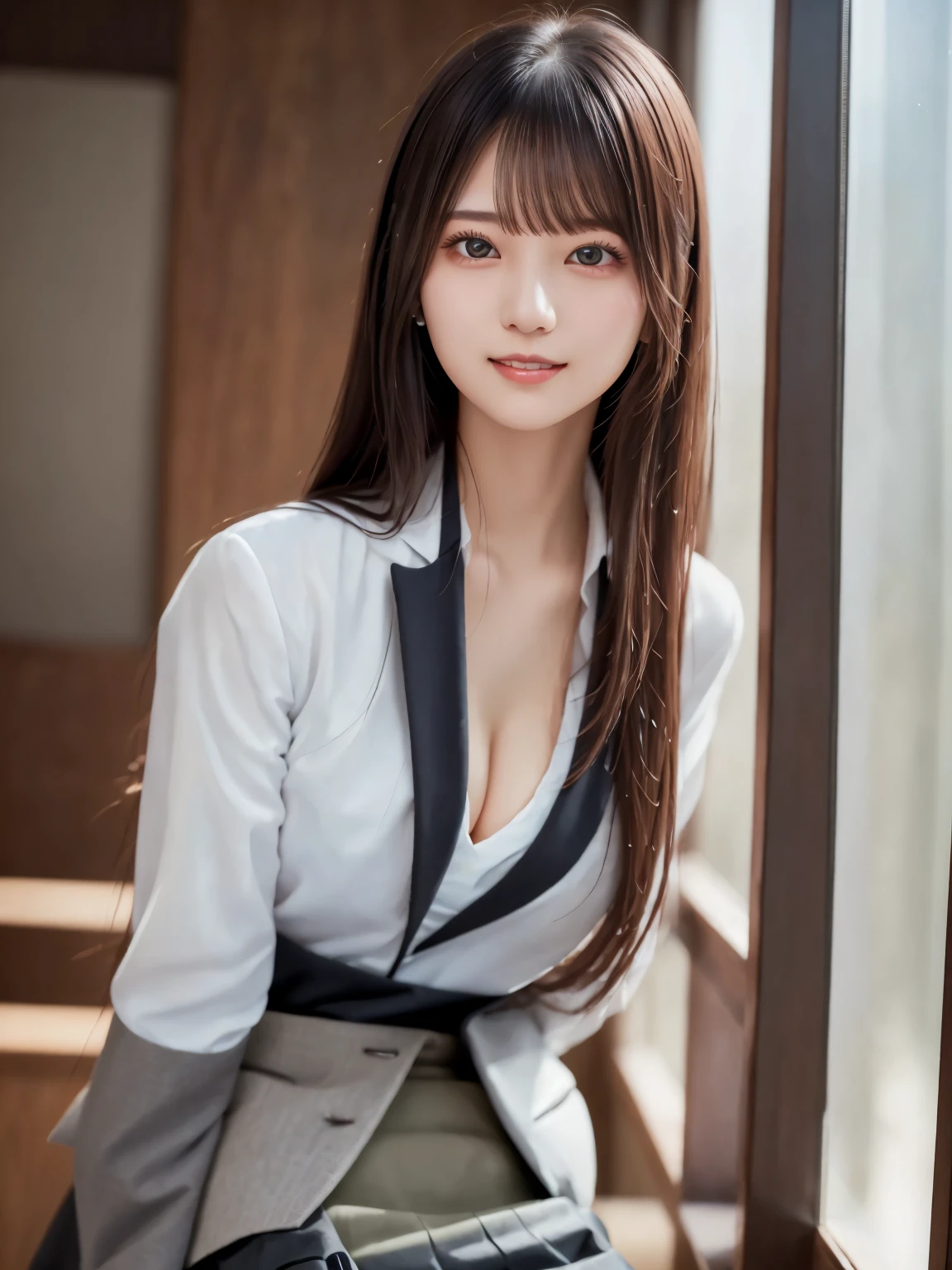 (Suit skirt : 1.8), Complex and beautiful eyes、woman, (back hand : 1.2)、(stand up : 1.2), Womanly black hair、(Delicate and realistic hair、1 bottle１Realistic hair)、bangs、Natural Color Lip、smile、((White indoor))、indoor、((18歳woman:1.2))、Young and adorable Japanese face, Official Art，Highly detailed CG Unity 8k wallpaper, (masterpiece : 1.0), (Best Quality : 1.0), 超High resolution,4K, Very detailed, photo shoot, 8k, High resolution, Kodak Portrait 400, Film Grain, Lens flare glow, 高いest quality ,8k, Portrait Shot, 8k、Show Viewer, (Front View : 1.5), ((Facing))、Body facing forward、Bold cleavage、Firm breasts、Small face, Highest quality、Super beautiful images, yellow race, (upper body : 2.0)