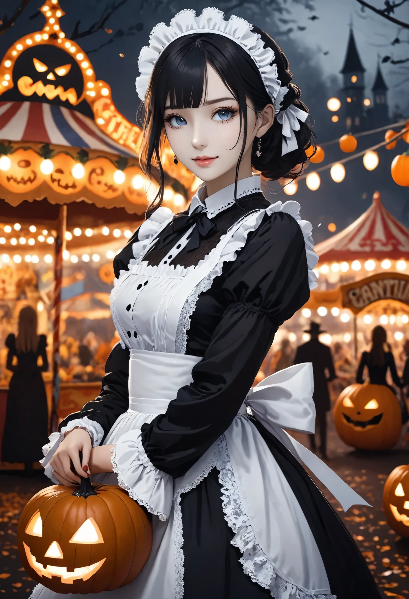 masterpiece, best quality, ultra-detailed, vivid colors, aggressive tone, Halloween-themed. A gothic maid stands motionless in the center of a haunted carnival, her frilly black and white maid outfit perfectly arranged, with sharp lace edges glowing faintly in the eerie light. In one hand, she gently holds a large, candy-shaped scythe, her fingers curled delicately around the handle. Her eyes gleam with a quiet madness, and a small, unsettling smile curves her lips. Around her, jack-o'-lanterns flicker and rusted carnival rides creak ominously, but she remains calm, standing tall and poised, as if waiting for her next victim to approach. The entire scene is filled with tension, as her stillness contrasts sharply with the chaotic background.