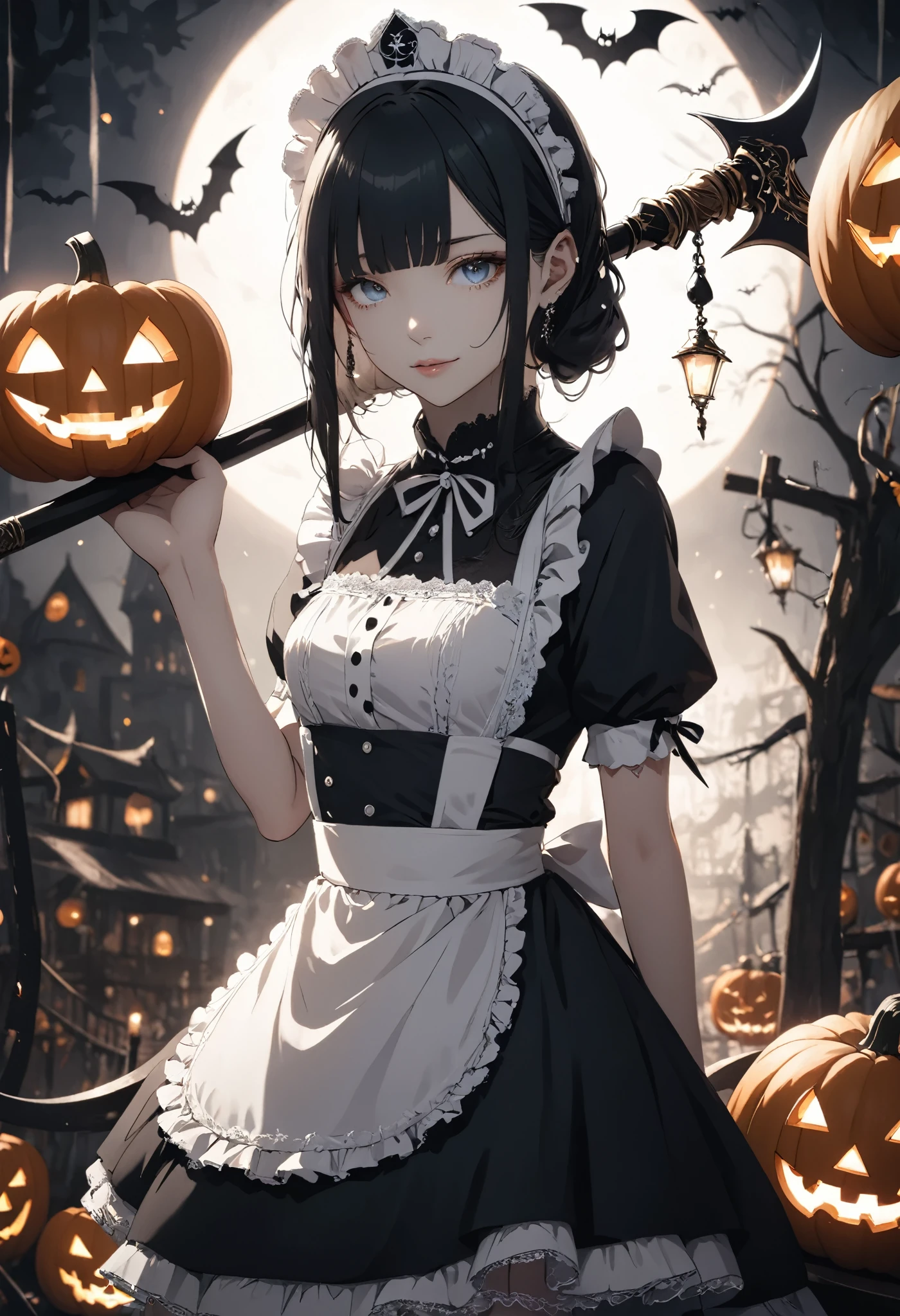 masterpiece, best quality, ultra-detailed, vivid colors, aggressive tone, Halloween-themed. A gothic maid stands motionless in the center of a haunted carnival, her frilly black and white maid outfit perfectly arranged, with sharp lace edges glowing faintly in the eerie light. In one hand, she gently holds a large, candy-shaped scythe, her fingers curled delicately around the handle. Her eyes gleam with a quiet madness, and a small, unsettling smile curves her lips. Around her, jack-o'-lanterns flicker and rusted carnival rides creak ominously, but she remains calm, standing tall and poised, as if waiting for her next victim to approach. The entire scene is filled with tension, as her stillness contrasts sharply with the chaotic background.