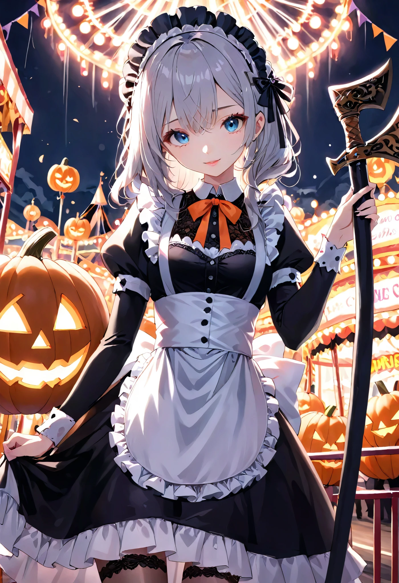 masterpiece, best quality, ultra-detailed, vivid colors, aggressive tone, Halloween-themed. A gothic maid stands motionless in the center of a haunted carnival, her frilly black and white maid outfit perfectly arranged, with sharp lace edges glowing faintly in the eerie light. In one hand, she gently holds a large, candy-shaped scythe, her fingers curled delicately around the handle. Her eyes gleam with a quiet madness, and a small, unsettling smile curves her lips. Around her, jack-o'-lanterns flicker and rusted carnival rides creak ominously, but she remains calm, standing tall and poised, as if waiting for her next victim to approach. The entire scene is filled with tension, as her stillness contrasts sharply with the chaotic background.