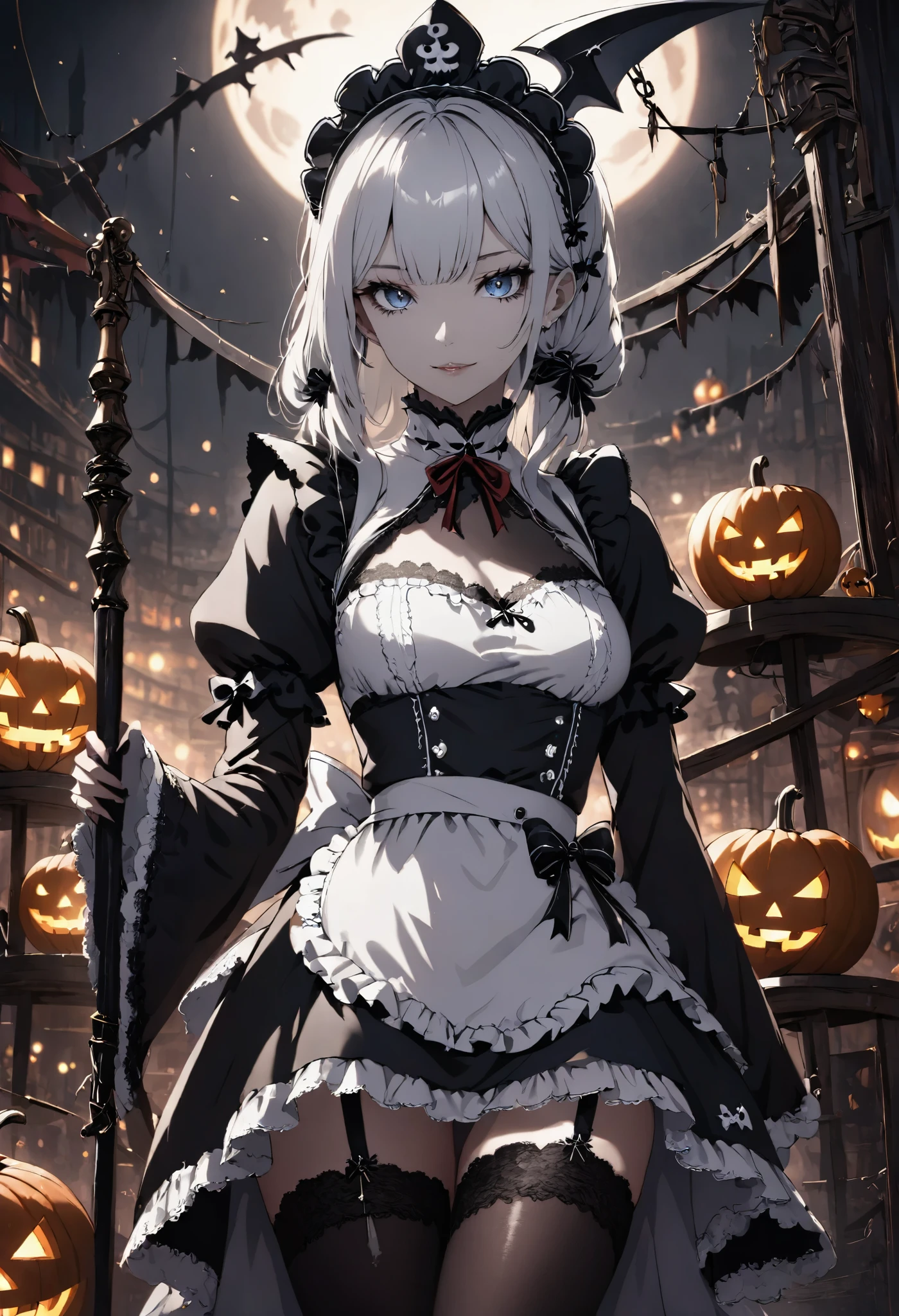 masterpiece, best quality, ultra-detailed, vivid colors, aggressive tone, Halloween-themed. A gothic maid stands motionless in the center of a haunted carnival, her frilly black and white maid outfit perfectly arranged, with sharp lace edges glowing faintly in the eerie light. In one hand, she gently holds a large, candy-shaped scythe, her fingers curled delicately around the handle. Her eyes gleam with a quiet madness, and a small, unsettling smile curves her lips. Around her, jack-o'-lanterns flicker and rusted carnival rides creak ominously, but she remains calm, standing tall and poised, as if waiting for her next victim to approach. The entire scene is filled with tension, as her stillness contrasts sharply with the chaotic background.