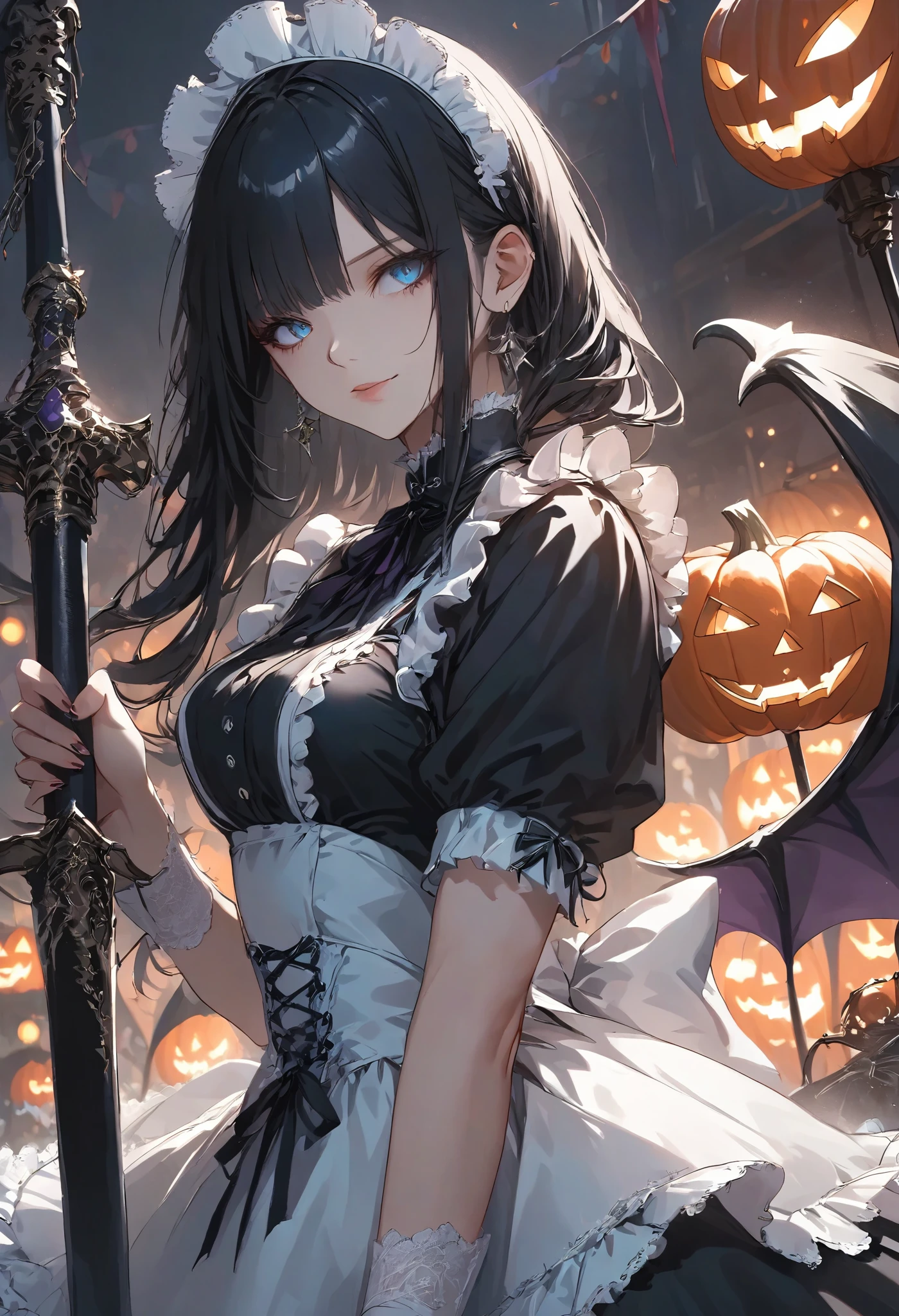 masterpiece, best quality, ultra-detailed, vivid colors, aggressive tone, Halloween-themed. A gothic maid stands motionless in the center of a haunted carnival, her frilly black and white maid outfit perfectly arranged, with sharp lace edges glowing faintly in the eerie light. In one hand, she gently holds a large, candy-shaped scythe, her fingers curled delicately around the handle. Her eyes gleam with a quiet madness, and a small, unsettling smile curves her lips. Around her, jack-o'-lanterns flicker and rusted carnival rides creak ominously, but she remains calm, standing tall and poised, as if waiting for her next victim to approach. The entire scene is filled with tension, as her stillness contrasts sharply with the chaotic background.