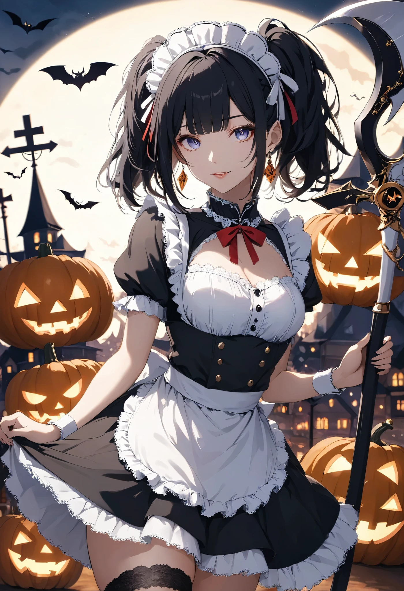 masterpiece, best quality, ultra-detailed, vivid colors, aggressive tone, Halloween-themed. A gothic maid stands motionless in the center of a haunted carnival, her frilly black and white maid outfit perfectly arranged, with sharp lace edges glowing faintly in the eerie light. In one hand, she gently holds a large, candy-shaped scythe, her fingers curled delicately around the handle. Her eyes gleam with a quiet madness, and a small, unsettling smile curves her lips. Around her, jack-o'-lanterns flicker and rusted carnival rides creak ominously, but she remains calm, standing tall and poised, as if waiting for her next victim to approach. The entire scene is filled with tension, as her stillness contrasts sharply with the chaotic background.