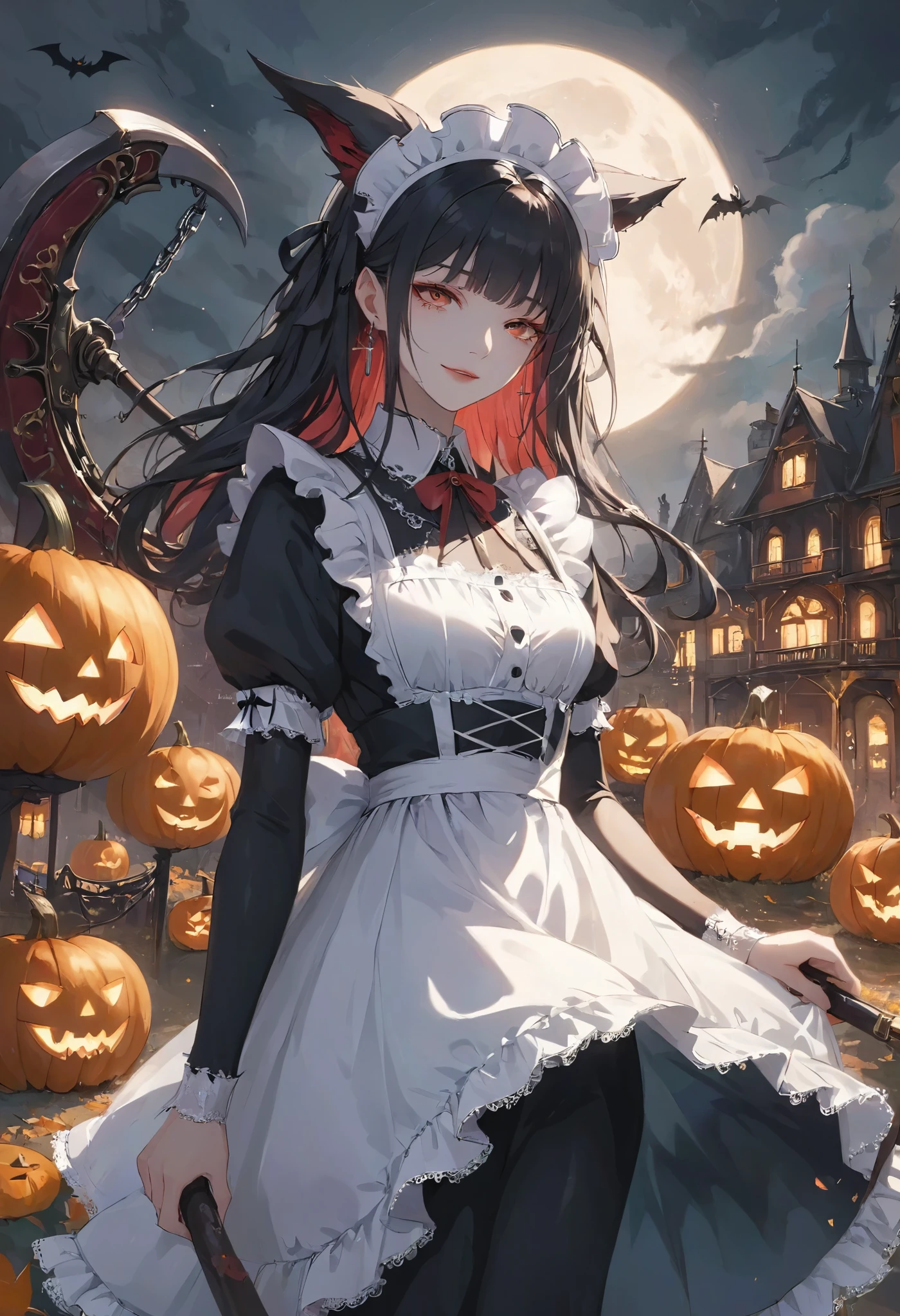 masterpiece, best quality, ultra-detailed, vivid colors, aggressive tone, Halloween-themed. A gothic maid stands motionless in the center of a haunted carnival, her frilly black and white maid outfit perfectly arranged, with sharp lace edges glowing faintly in the eerie light. In one hand, she gently holds a large, candy-shaped scythe, her fingers curled delicately around the handle. Her eyes gleam with a quiet madness, and a small, unsettling smile curves her lips. Around her, jack-o'-lanterns flicker and rusted carnival rides creak ominously, but she remains calm, standing tall and poised, as if waiting for her next victim to approach. The entire scene is filled with tension, as her stillness contrasts sharply with the chaotic background.