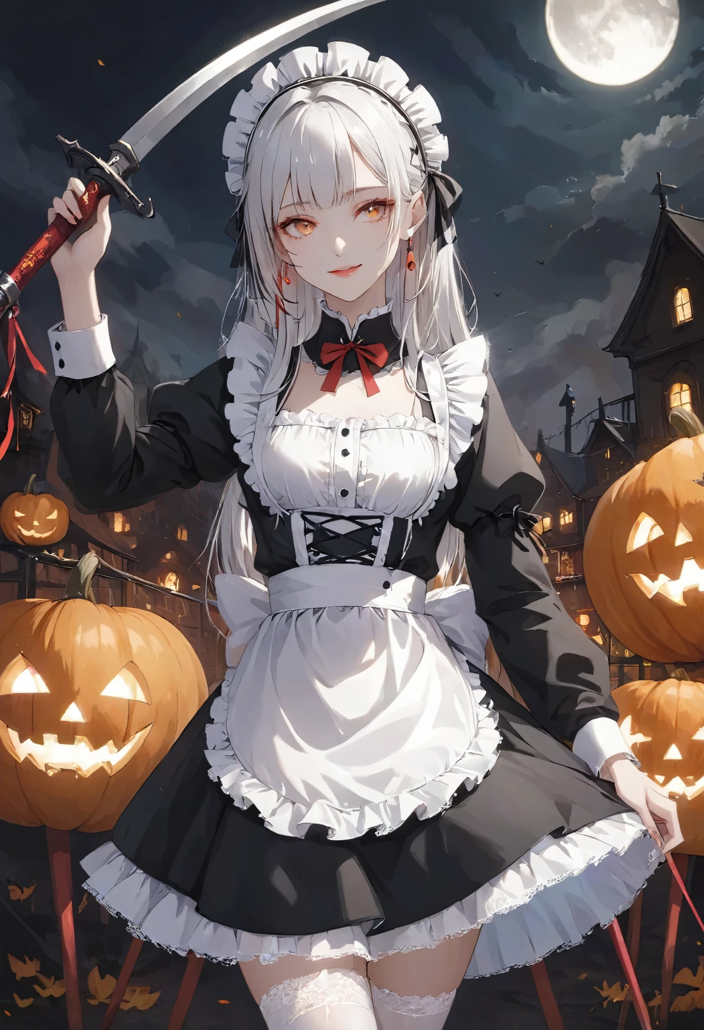 masterpiece, best quality, ultra-detailed, vivid colors, aggressive tone, Halloween-themed. A gothic maid stands motionless in the center of a haunted carnival, her frilly black and white maid outfit perfectly arranged, with sharp lace edges glowing faintly in the eerie light. In one hand, she gently holds a large, candy-shaped scythe, her fingers curled delicately around the handle. Her eyes gleam with a quiet madness, and a small, unsettling smile curves her lips. Around her, jack-o'-lanterns flicker and rusted carnival rides creak ominously, but she remains calm, standing tall and poised, as if waiting for her next victim to approach. The entire scene is filled with tension, as her stillness contrasts sharply with the chaotic background.