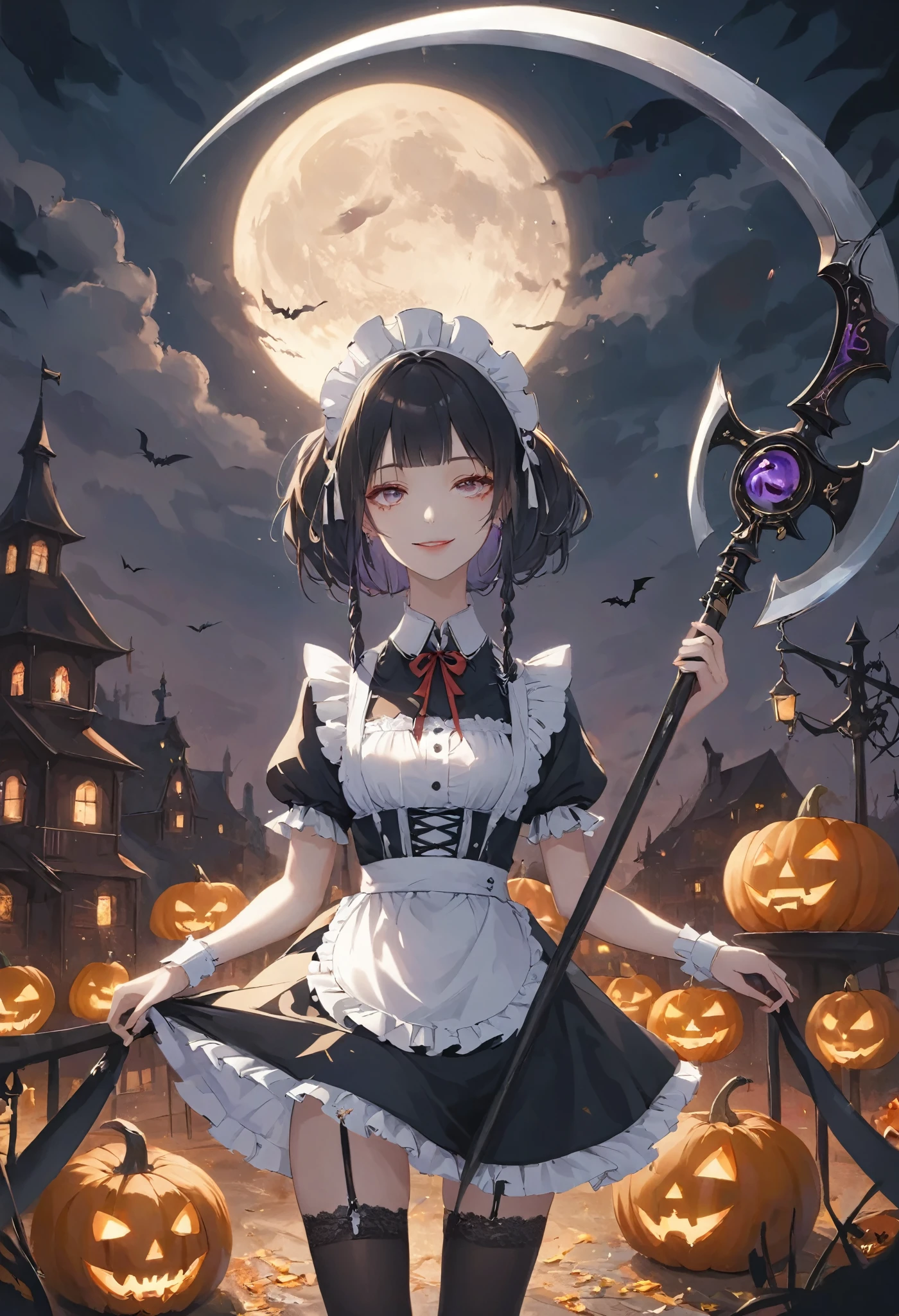 masterpiece, best quality, ultra-detailed, vivid colors, aggressive tone, Halloween-themed. A gothic maid stands motionless in the center of a haunted carnival, her frilly black and white maid outfit perfectly arranged, with sharp lace edges glowing faintly in the eerie light. In one hand, she gently holds a large, candy-shaped scythe, her fingers curled delicately around the handle. Her eyes gleam with a quiet madness, and a small, unsettling smile curves her lips. Around her, jack-o'-lanterns flicker and rusted carnival rides creak ominously, but she remains calm, standing tall and poised, as if waiting for her next victim to approach. The entire scene is filled with tension, as her stillness contrasts sharply with the chaotic background.