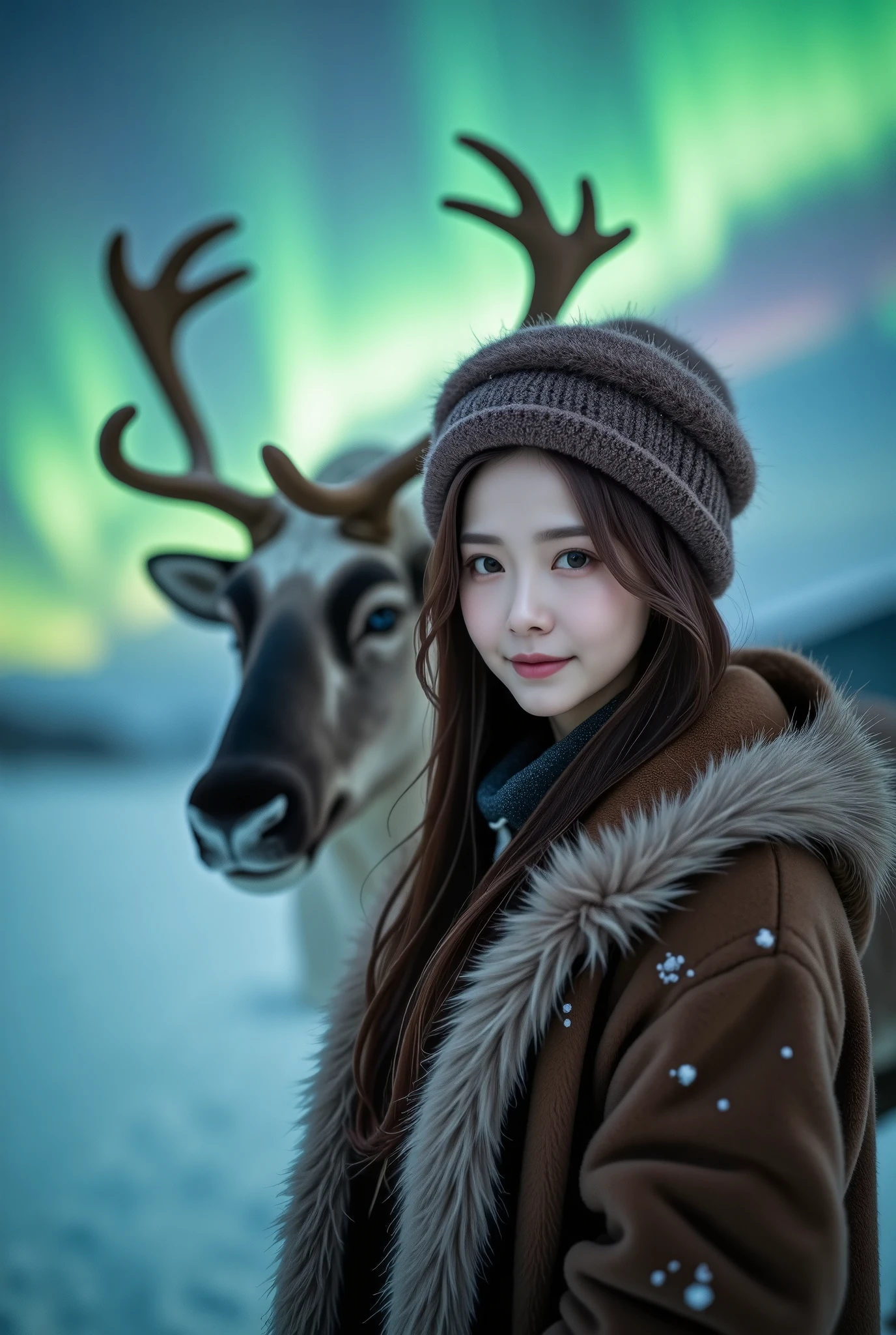 An ultra-high-definition,  close-up cinematic image of a captivating east Asia model standing beside a majestic reindeer in the snowy tundra. The model is positioned very close to the camera, her serene face filling the frame, with her richly detailed fur coat and traditional ushanka hat visible in exquisite detail. The reindeer’s antlers and thick fur are sharply captured, slightly behind her but still in focus, emphasizing the bond between them. The vibrant green and purple hues of the Northern Lights dance above, their ethereal glow reflecting off the snow and subtly illuminating her features. Soft snowflakes drift between the lens and the subjects, enhancing the mystical atmosphere. The shallow depth of field ensures that both the model and the reindeer are in sharp focus, with the blurred tundra landscape and aurora providing a dreamlike backdrop