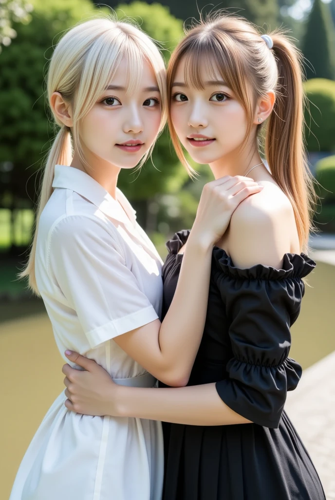 (2girl:1.3), gorgeous, beautiful, (beautiful portrait of two women:1.25), (top quality, masterpiece:1.2), (realistic:1. 2), 16K, absurd, beautiful eyes, (girl 1 has (white hair, twin_tail, blonde eyes, white dress)), (girl 2 has (blonde hair, side_of_the_head ponytail hair, black dress))), (separate women with different faces embracing: 1.2), (seductive smile: 1.2), (dynamic lighting), highly detailed, (close-up: 1.1), Attractive 2 Japanese women, Japanese garden