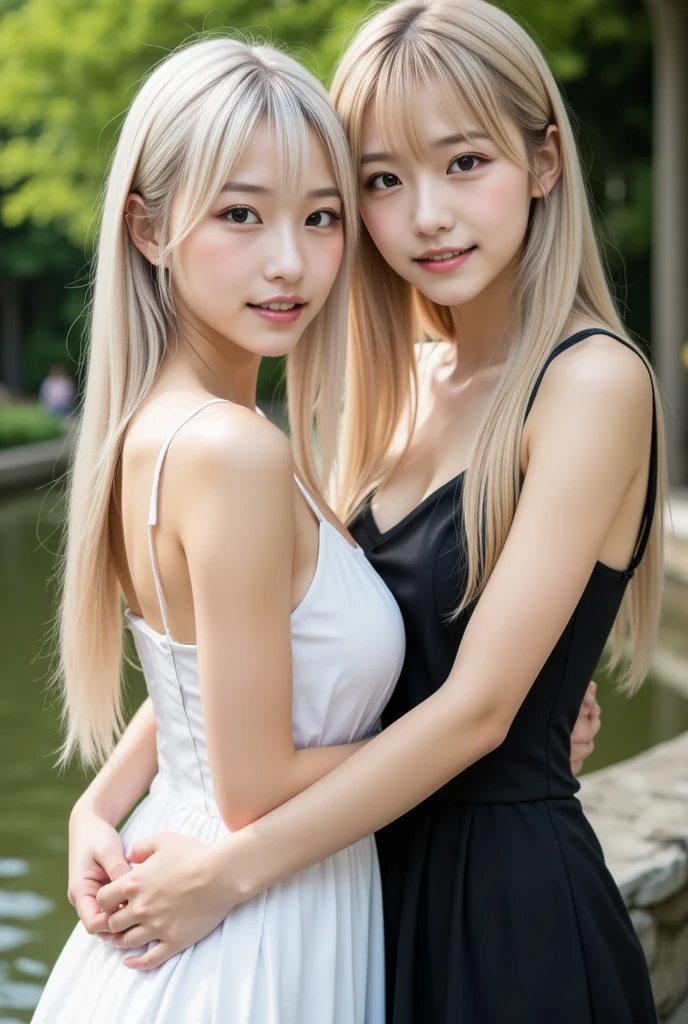 (Two girls of the same age:1.2) , couple focus, Adorable, Russian slender girl, Young features, Hair is blonde and platinum blonde, Stand next to each other , (both girls are naked:1.8), ((small tits,pink nipples and crack)), (((小柄, short torso))), (Smile:0.7), (High color saturation:1.2), Best Quality, 超A high resolution, photographrealistic, ultra-detailliert, 8K, Raw photo, (thin areola, breasts are small:1),(skirt rift:1.0),(downbrouse:1), In the bright sun、The whole body glows、Draw a gorgeous picture focusing on the lower limbs)