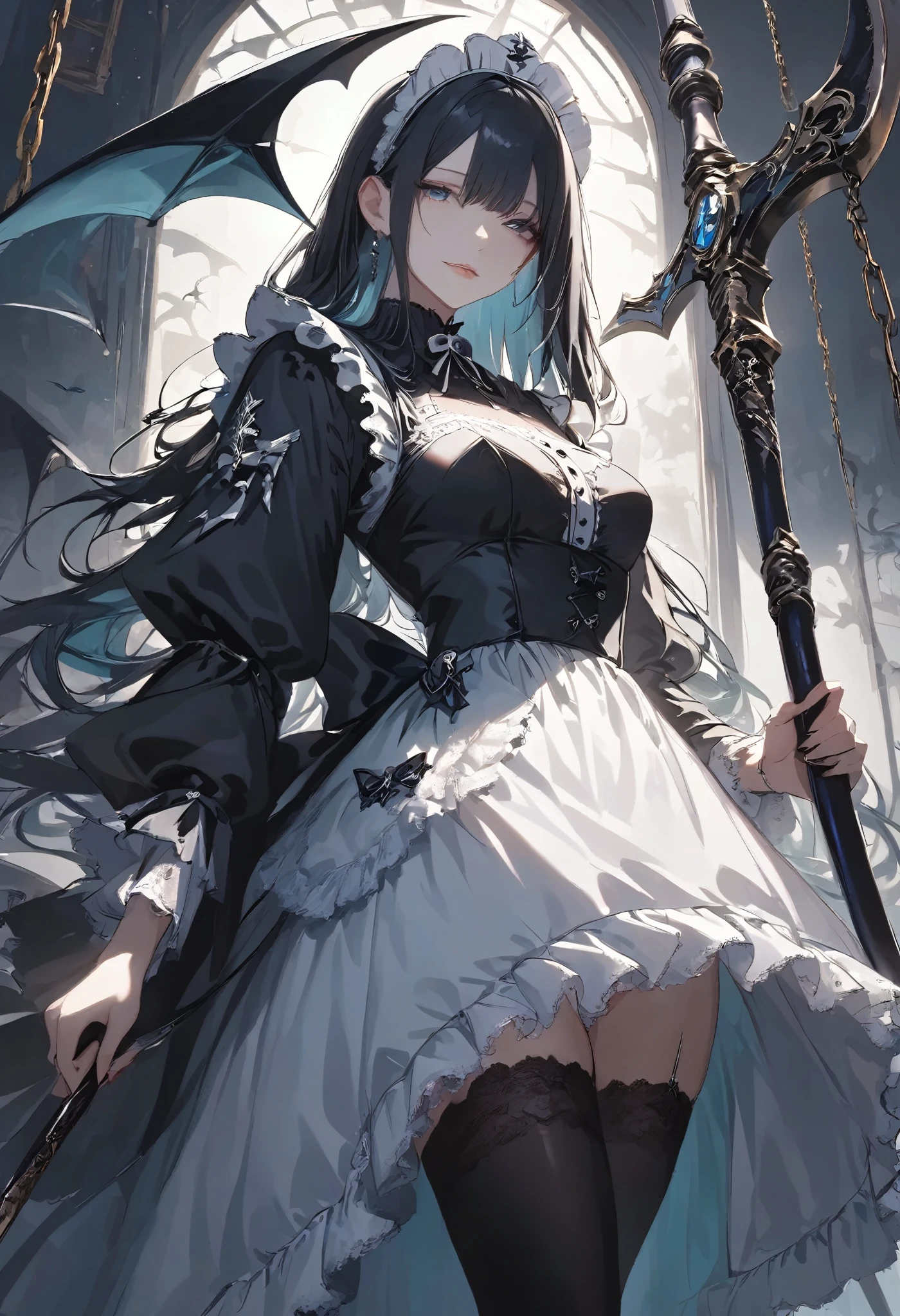 masterpiece, best quality, ultra-detailed, vivid colors, aggressive tone, Halloween-themed. A gothic maid stands motionless in the center of a haunted carnival, her frilly black and white maid outfit perfectly arranged, with sharp lace edges glowing faintly in the eerie light. In one hand, she gently holds a large, candy-shaped scythe, her fingers curled delicately around the handle. Her eyes gleam with a quiet madness, and a small, unsettling smile curves her lips. Around her, jack-o'-lanterns flicker and rusted carnival rides creak ominously, but she remains calm, standing tall and poised, as if waiting for her next victim to approach. The entire scene is filled with tension, as her stillness contrasts sharply with the chaotic background.