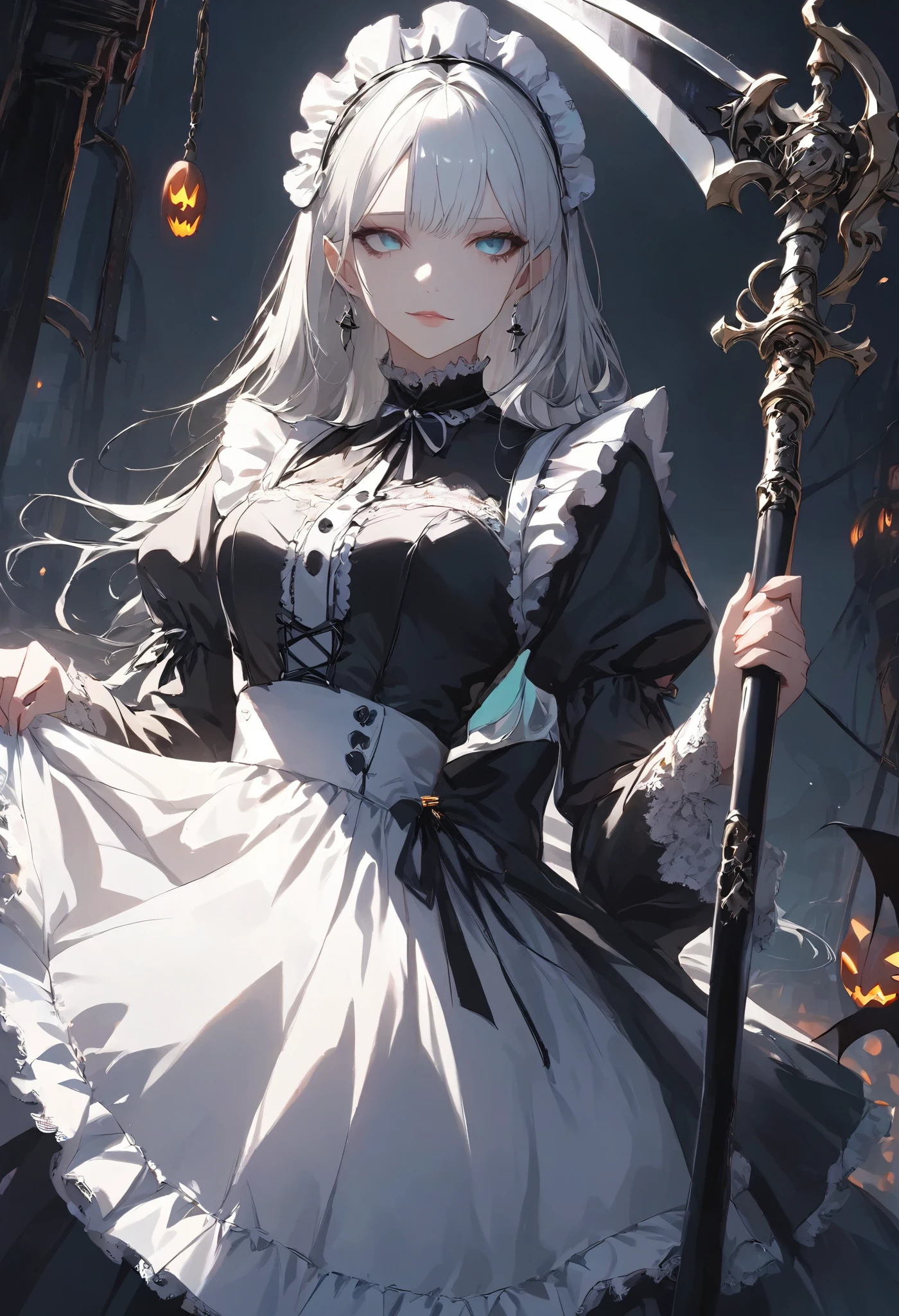 masterpiece, best quality, ultra-detailed, vivid colors, aggressive tone, Halloween-themed. A gothic maid stands motionless in the center of a haunted carnival, her frilly black and white maid outfit perfectly arranged, with sharp lace edges glowing faintly in the eerie light. In one hand, she gently holds a large, candy-shaped scythe, her fingers curled delicately around the handle. Her eyes gleam with a quiet madness, and a small, unsettling smile curves her lips. Around her, jack-o'-lanterns flicker and rusted carnival rides creak ominously, but she remains calm, standing tall and poised, as if waiting for her next victim to approach. The entire scene is filled with tension, as her stillness contrasts sharply with the chaotic background.