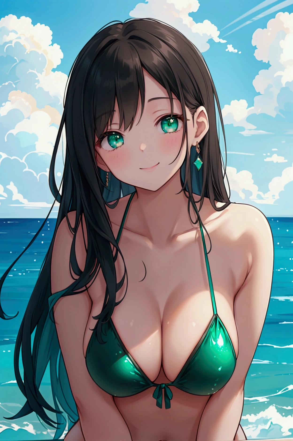 Best Quality、8k、Representative Works:1.3、  girl、 1 person、 1 personで、  petite and glamorous body  、curve、 cute、 She smiles quietly  、 Beautiful long black hair 、  beautiful emerald green eyes  、  wearing a bright sky blue bikini 、  takes a cute pose 、  The background is calm sea and shimmering sun  、