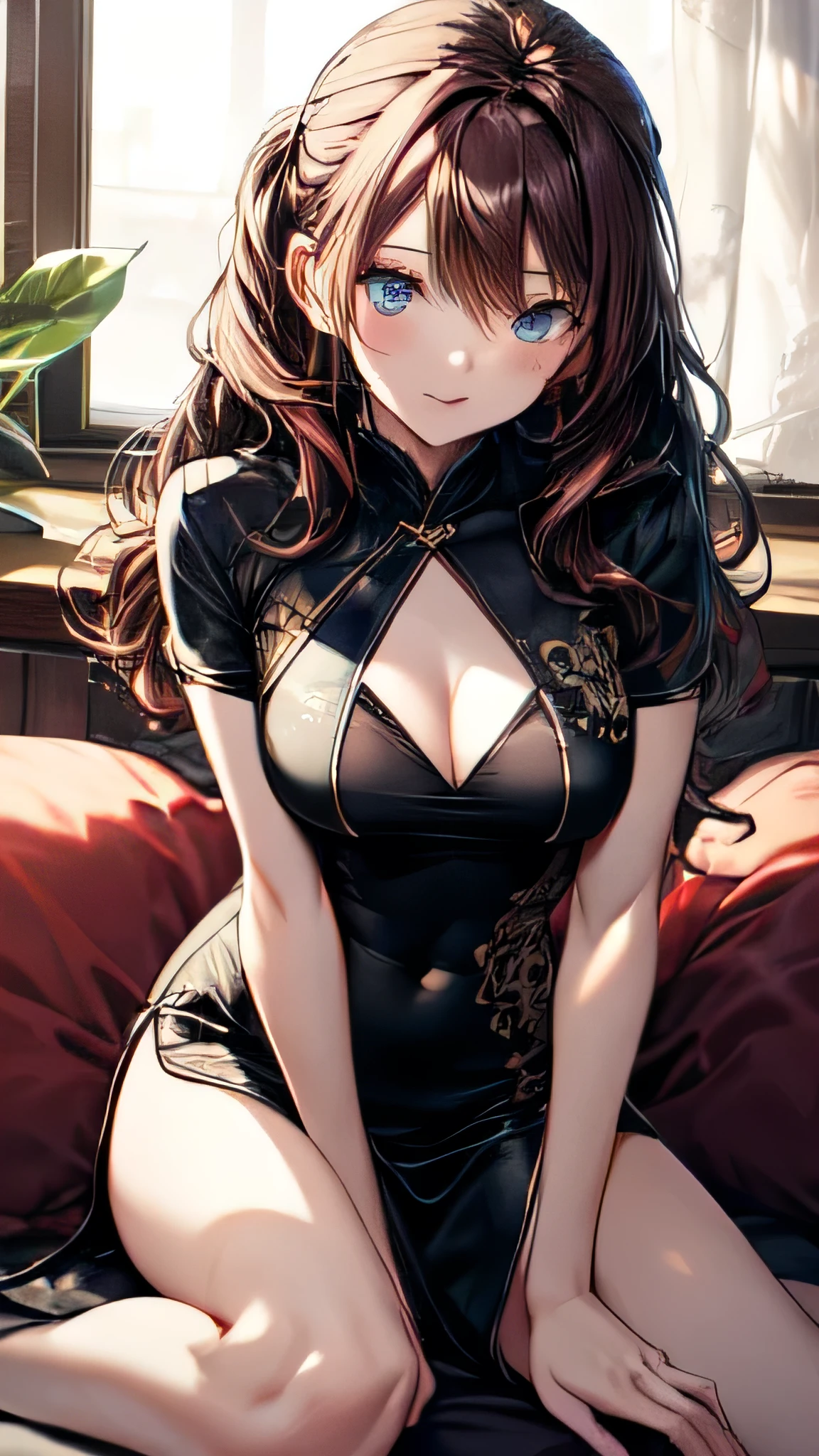 Very delicate,
beautiful girl,
break,
8k,
Highest quality,
masterpiece,
Super adopted,
Ultra-detailed,
Ultra-fine illustrations,
break,
Active Pause, Dynamic Angle,
indoor,
Shiny,
bright,
Rim Light,
break,
One person,
alone,
Perfect female body,
Big Hair,
Fluffy hair,
Air Van,
Long bangs between the eyes,
Round face,
blue eyes,
smile, Open your mouth,
Medium sized, well-proportioned chest,

Full body portrait,Sexy pose:1.5,

break,
Tight mini Chinese dress,