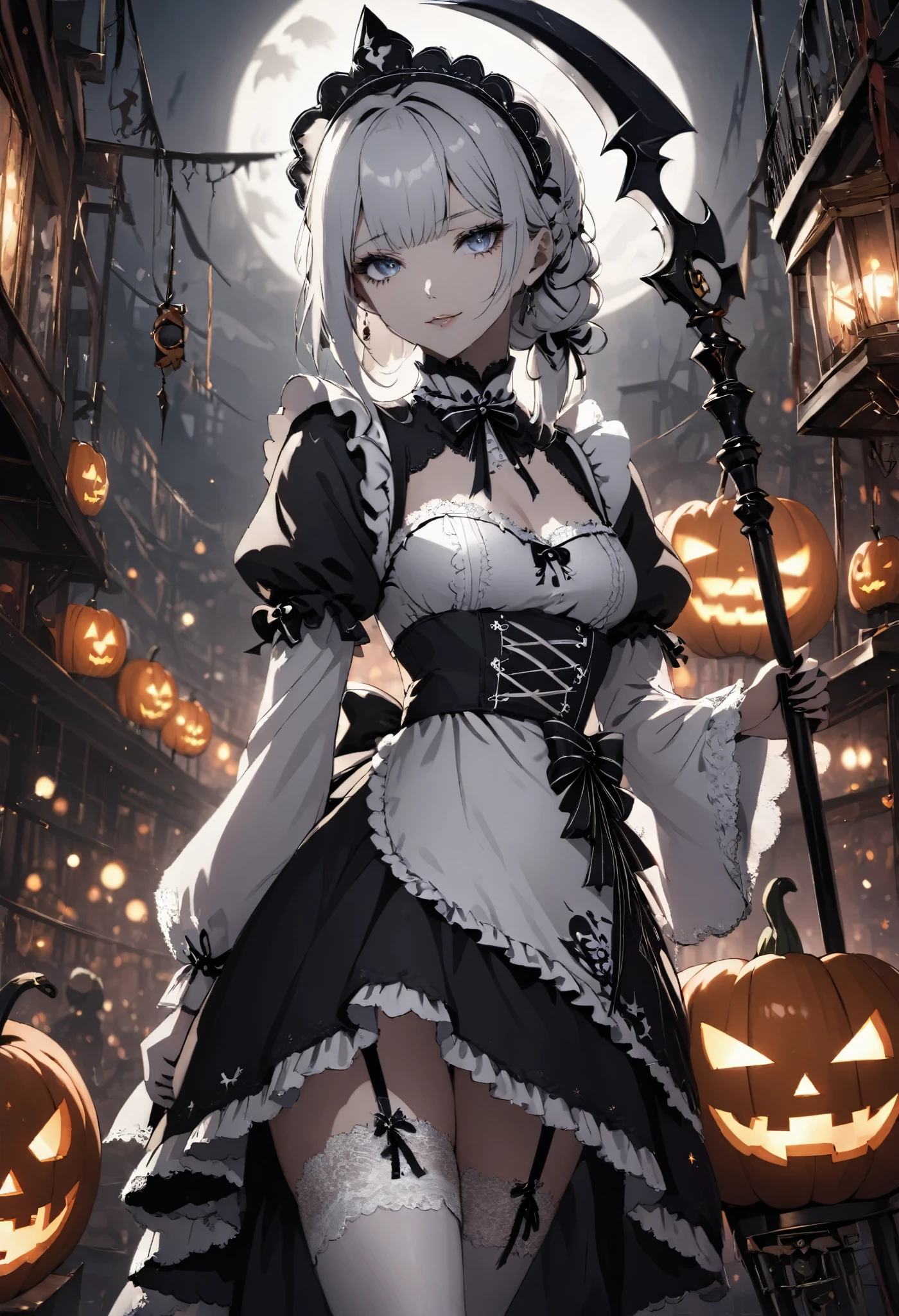 masterpiece, best quality, ultra-detailed, vivid colors, aggressive tone, Halloween-themed. A gothic maid stands motionless in the center of a haunted carnival, her frilly black and white maid outfit perfectly arranged, with sharp lace edges glowing faintly in the eerie light. In one hand, she gently holds a large, candy-shaped scythe, her fingers curled delicately around the handle. Her eyes gleam with a quiet madness, and a small, unsettling smile curves her lips. Around her, jack-o'-lanterns flicker and rusted carnival rides creak ominously, but she remains calm, standing tall and poised, as if waiting for her next victim to approach. The entire scene is filled with tension, as her stillness contrasts sharply with the chaotic background.