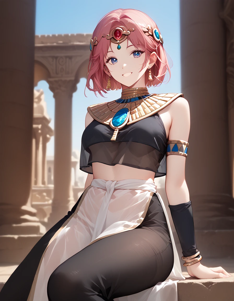 faint light , see through clothes , (best quality:1.2) , masterpiece , Full shot , pelvic curtain , toeless legwear , (Roman costume, crop top:1.2) , active , jewelry , Shoulders are exposed , just a slight smile  , Egyptian Temple of Civilization outdoors ,  thin band studded with jewels , breast_curtain ,  show your sides ,  Girl Sitting 
