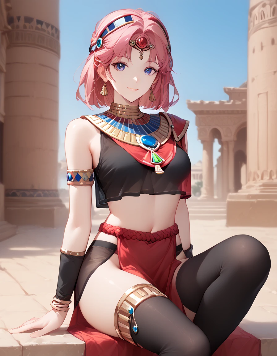 faint light , see through clothes , (best quality:1.2) , masterpiece , Full shot , pelvic curtain , toeless legwear , (Roman costume, crop top:1.2) , active , jewelry , Shoulders are exposed , just a slight smile  , Egyptian Temple of Civilization outdoors ,  thin band studded with jewels , breast_curtain ,  show your sides ,  Girl Sitting 
