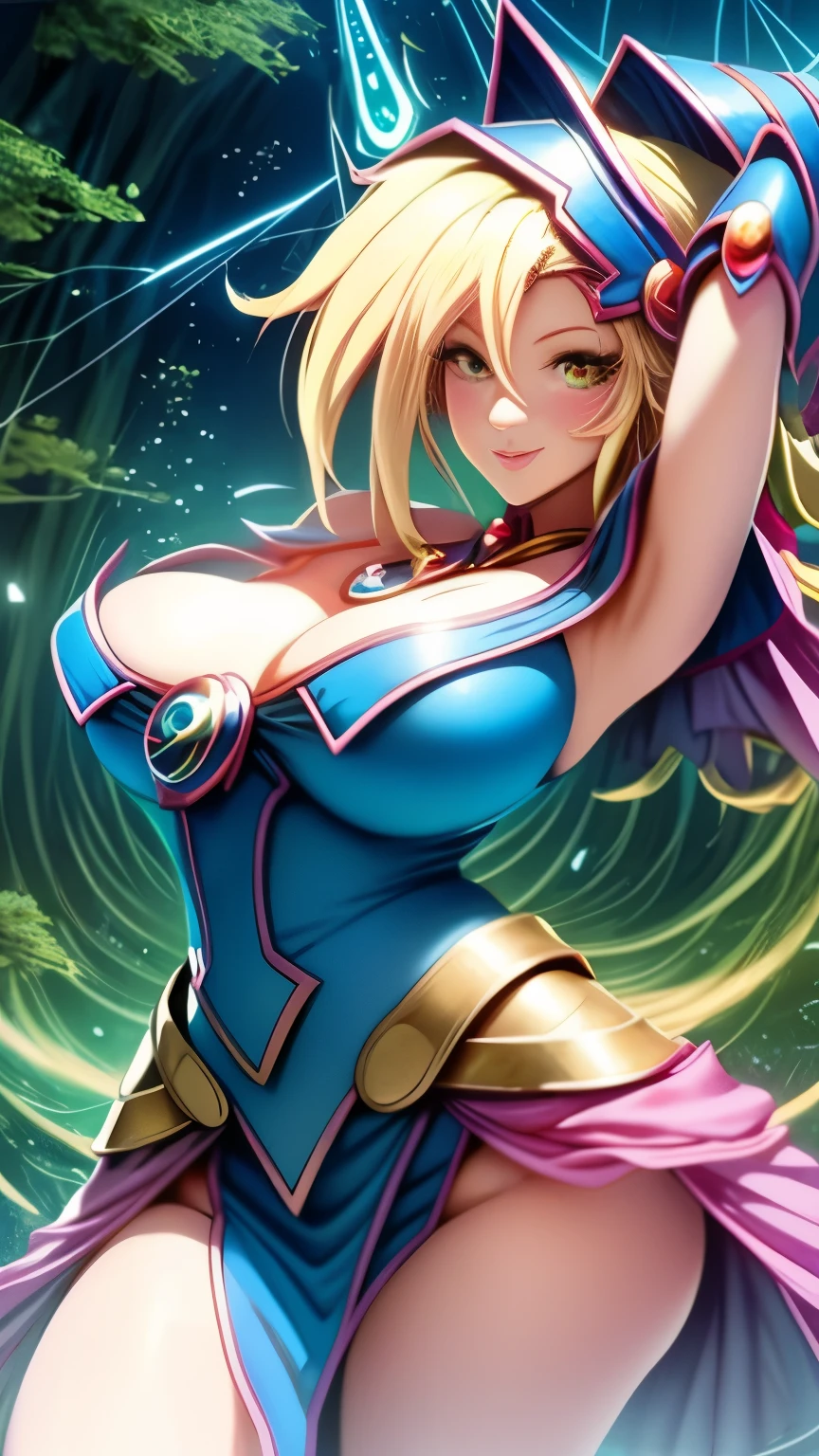 Dark Magician Girl NSFW, Glass Covered, Upper Body, Side Shot, Alternate Color, Masterpiece, Detailed Illustration, Realistic, Pixiv Top Quality, Exquisite, {{{Cute Dark Magician Girl 1}}}, Super Beauty Merging with machine, crafted shabby chic pattern, beautiful and shiny woman, half of my body is made of machine, transparent glass body, the machine inside is transparent, cinematic lighting, dynamic angle, dynamic pose, land of dragons, depth of field. Magic macaw at the bottom. Magic hearts showing your VOLUPTUOUS body, medium TITS, BEAUTIFUL, SENSUAL, BLUSHING from head to toe, WALK THROUGH a forest looking for adventure, smile sexy, blonde hair INTERACTING WITH green neon MAGIC
