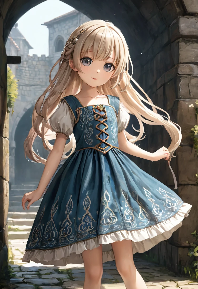  最high quality, high quality, ８ year-old girl 、Long Hair, wet hair, flat chest, Dark underground labyrinth, No light, Medieval luxury long dress , Equipped with a dagger and a shield,  tentacles go inside the skirt ,Hold down the skirt,Girls Underwear, Realistic bloomer made of patterned cotton fabric, Medieval one-piece dress with panniers, Fabric Realism, Low angle, You can see the drawer, Pull up the dress with your hands, Strong winds,  Clear Slips,  Clear Slips, tights, 最high quality,  crotch close-up , whole body
