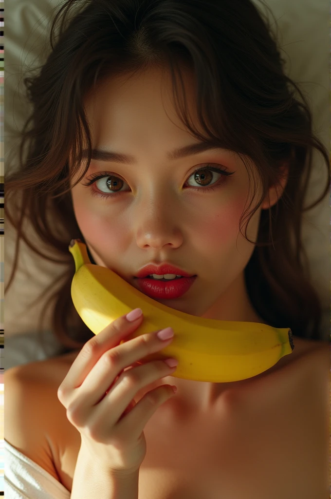 Create a beautiful Chinese woman with big breasts and a pink tank top and pink panties eating a banana