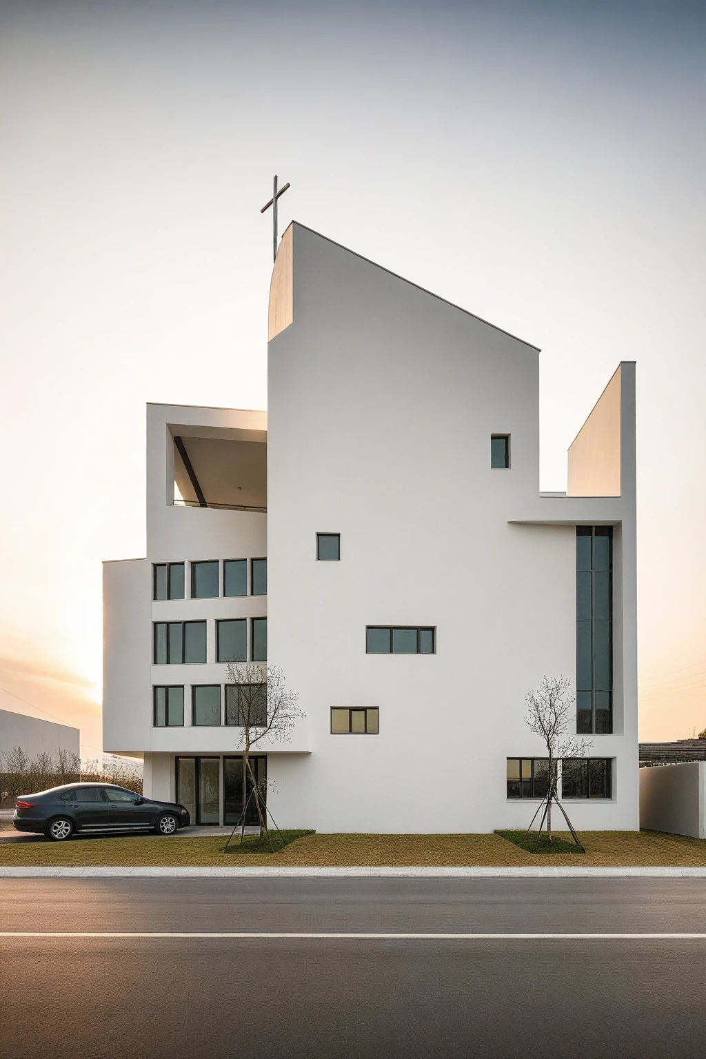 raw photo, best quality, ultra realistic, masterpiece, best quality skin, photography hd, dslr,
tcs, httlvn, modern church, road, people, house, facade design, outdoors, church, white walls, cross on top, curved shape building, 
Dusk, sunshine, 
View from a tree, dof view, 
