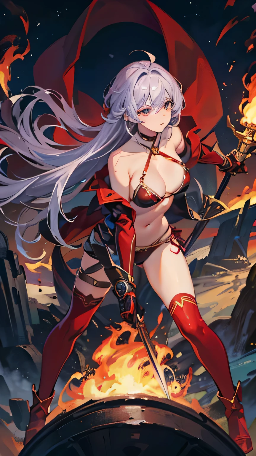 fantasy world, 1woman, bikini armor, red cape, choker, arm guards, leg armor, boots, curved sword, dual wielding, streaked hair, blonde hair, dark purple hair, long hair, curly hair, dark skin, large breasts, stand, open legs, spread arms, beach, Surrounded by enemies, anime, UHD, masterpiece, textured skin, anatomically correct, high quality, highres