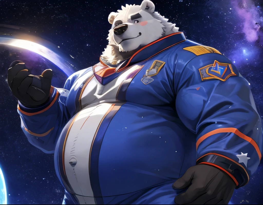 masterpiece, high quality,Anime-Series, detailed eyes ,furry male white bear, Great physique, strong arms male , floating in space, asteroids, pajama suit with stars, (Night), Shimmering stars, glad, From zero ghost ,by Pino Daeni hot body hot belly. show the bear your huge cock. I want to cook your cock. I sucked your big cock. I want to hug your big belly. show your cock. please show me your huge cock