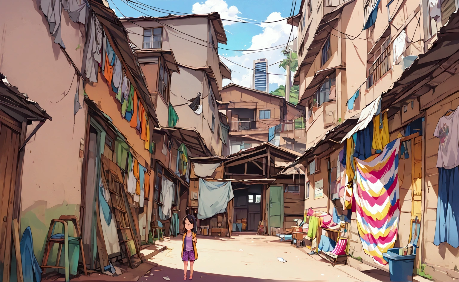 Masterpiece,  attractive girl carrying a backpack,  short hair, Black Hair, Worn out T-shirt,  shorts, 4K resolution,  Kampala, Illustration,  very detailed , Facial Features, Visual Effects, Powerful expression, Draw the whole body, extreme posing, The background is a slum, Draw the details of the background and 