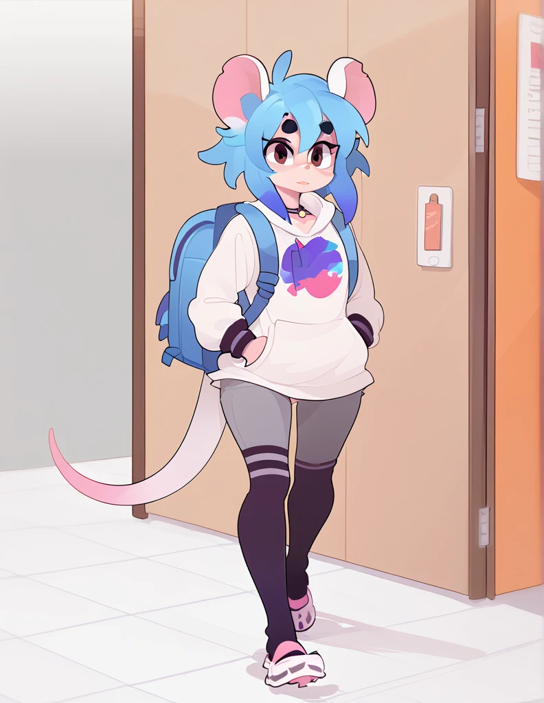 1girl, solo, walking through ruined city, ((rat girl, kemonomimi, cute, blue hair, white fur, apocalypse survivor, backpack))