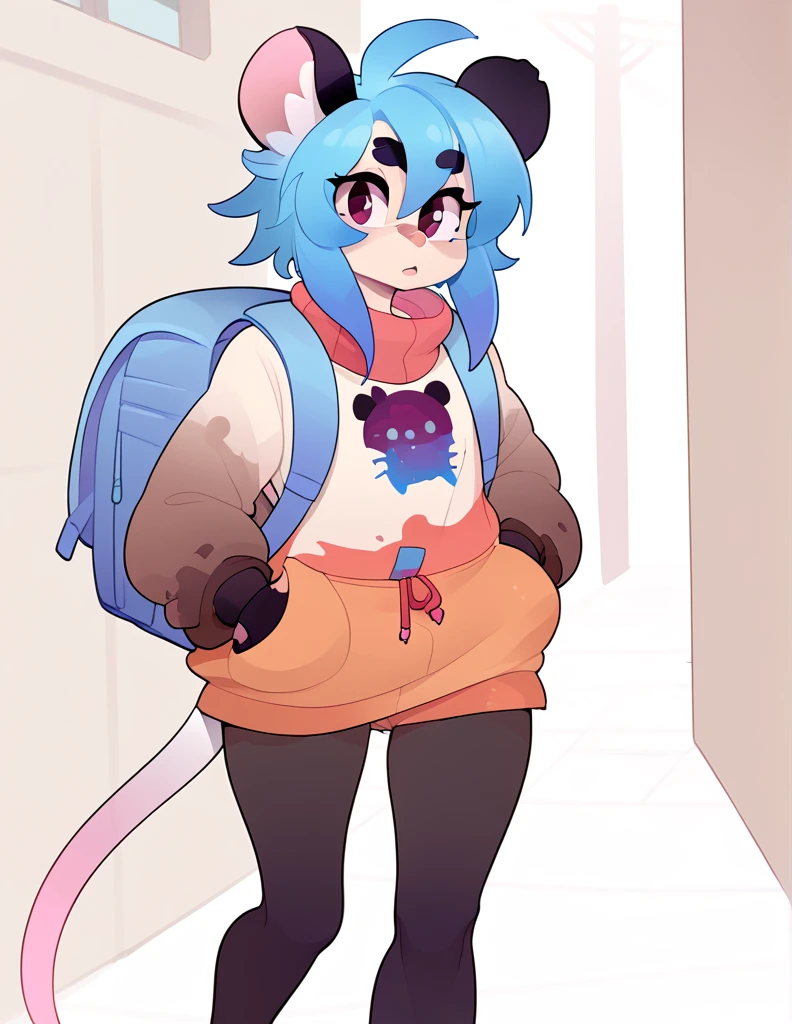 1girl, solo, walking through ruined city, ((rat girl, kemonomimi, cute, blue hair, white fur, apocalypse survivor, backpack))