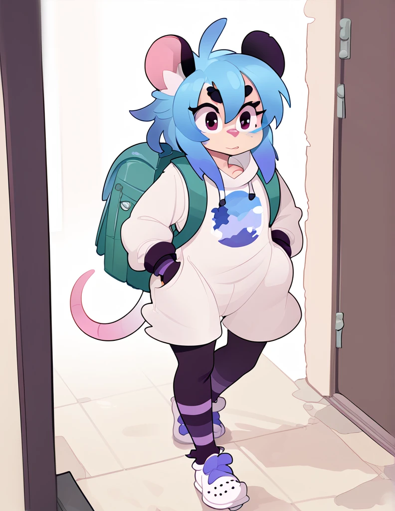 1girl, solo, walking through ruined city, ((rat girl, kemonomimi, cute, blue hair, white fur, apocalypse survivor, backpack))