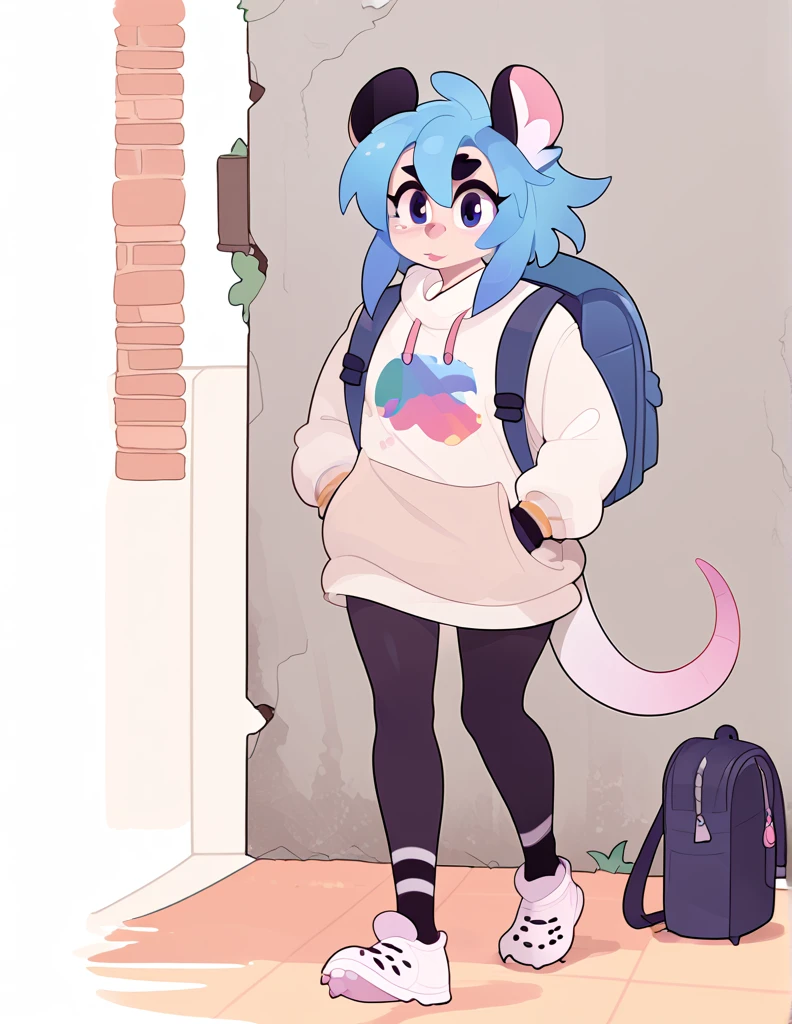 1girl, solo, walking through ruined city, ((rat girl, kemonomimi, cute, blue hair, white fur, apocalypse survivor, backpack))