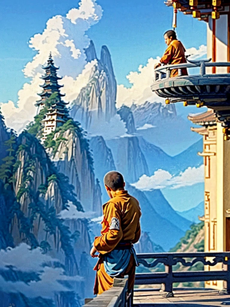 DVD screengrab from studio ghibli movie, (beautiful kung fu monastery balcony:1.4), clouds on blue sky, designed by Hayao Miyazaki, retro anime, street view