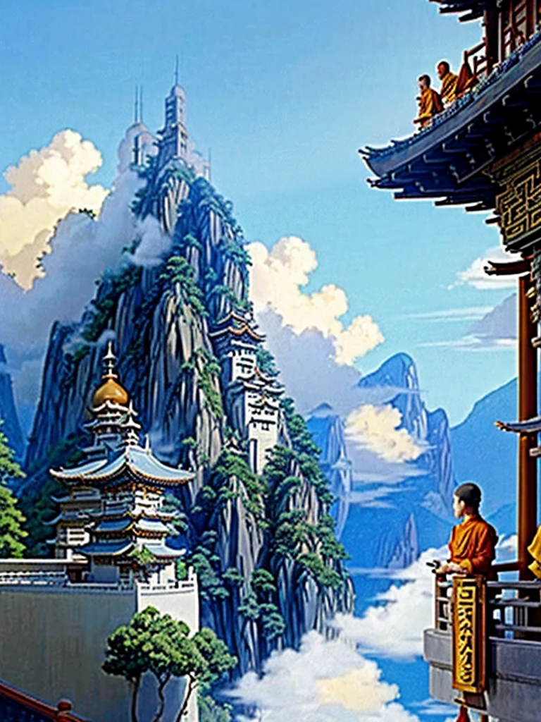 DVD screengrab from studio ghibli movie, (beautiful kung fu monastery balcony:1.4), clouds on blue sky, designed by Hayao Miyazaki, retro anime, street view