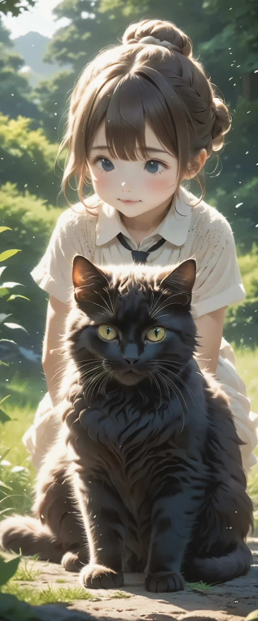 Best Quality、Black Catを抱く女の子、cute、Brown hair tied up in a bun、Black Cat、natureな見た目、Long Hit、nature