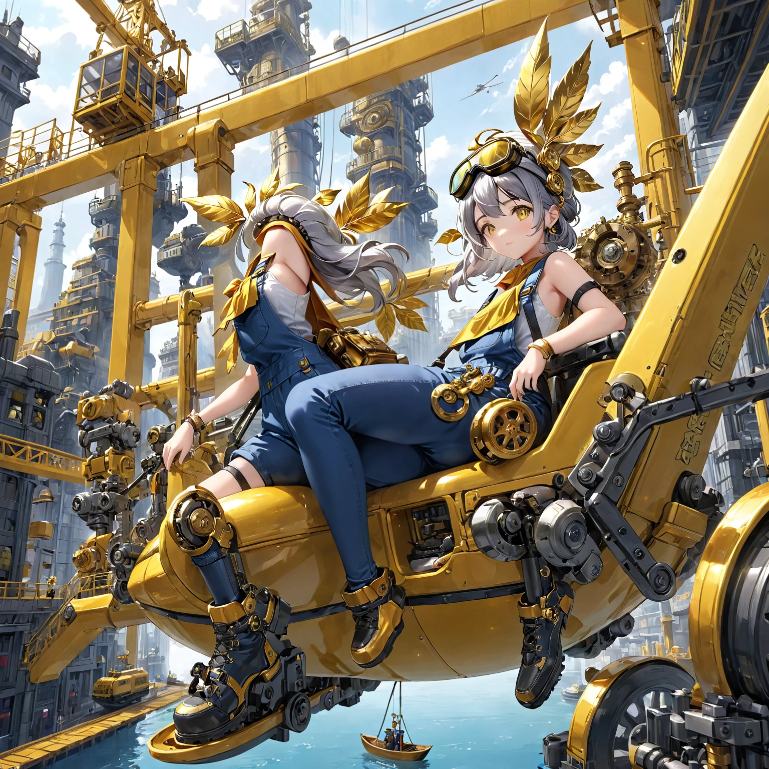 Masterpiece, detailed factory scenery, girl, gray hair, yellow eyes, big goggles on her head, super elaborate, super high quality, gold leaf is used, overall work clothes, huge machinery, metallic luster, girl is riding a gondola,