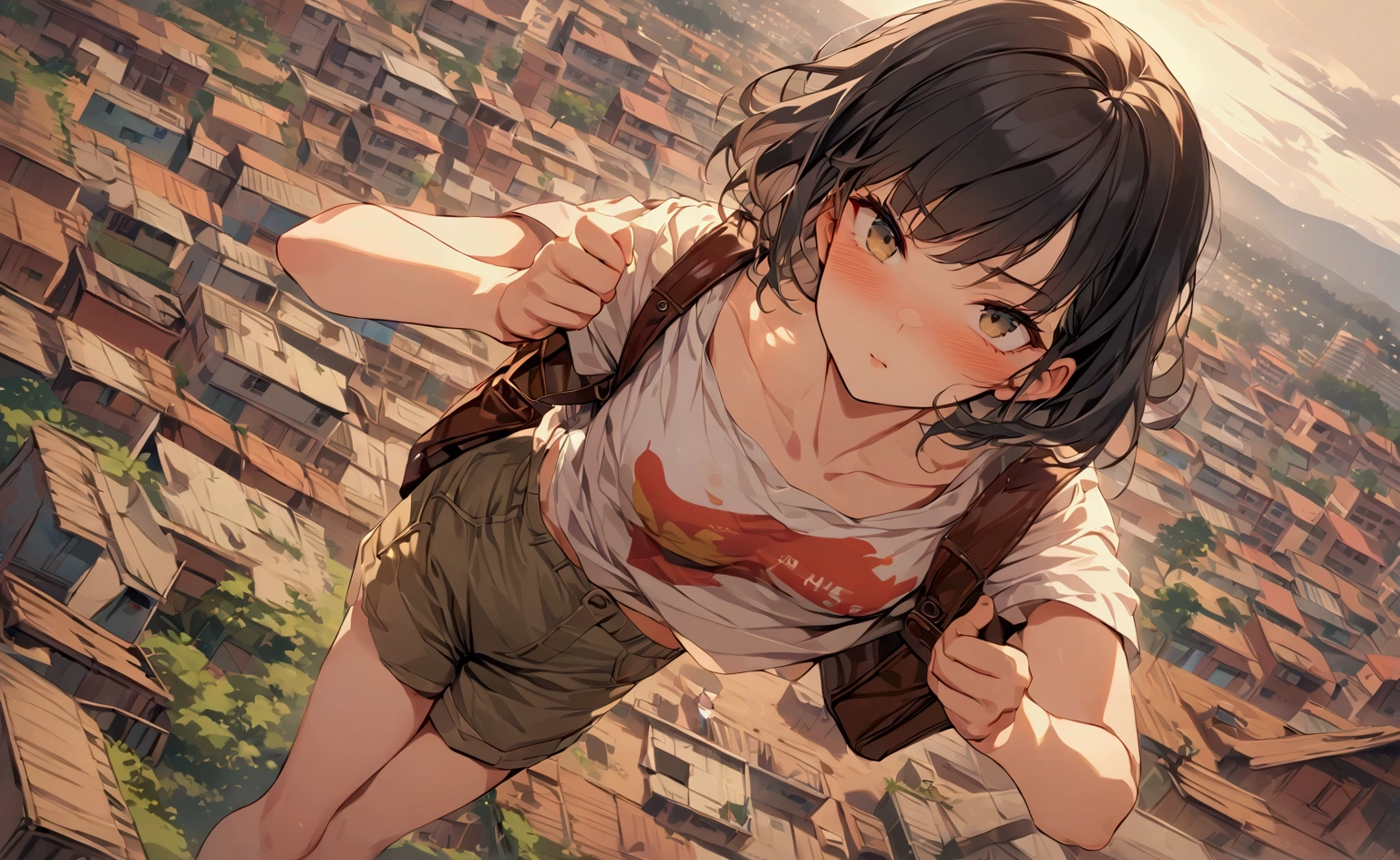 Masterpiece,  attractive girl carrying a backpack,  short hair, Black Hair, Worn out T-shirt,  shorts, 4K resolution,  Kampala, Illustration,  very detailed , Facial Features, Visual Effects, Powerful expression, Draw the whole body, extreme posing, Close to the audience,  angled from above, The background is a slum, Draw the details of the background and 