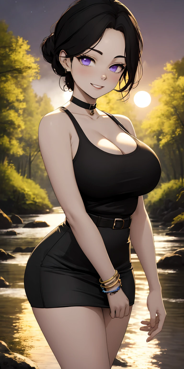 masterpiece, best quality, extremely detail 8k cg, high resolution, 1girl, solo, mature female, TamayoKNY, black hair, hair up, neat bun, violet eyes, pale skin, jewelry, big boobs, gigantic breasts, round breasts, black top, tank top, v neck, tight shirt, cleavage, pencilskirt, miniskirt, tight skirt, belt, choker, bracelet, night time, moonlight, outdoors, forest, river, beautiful face, seductive expression, smirk, medium full shot