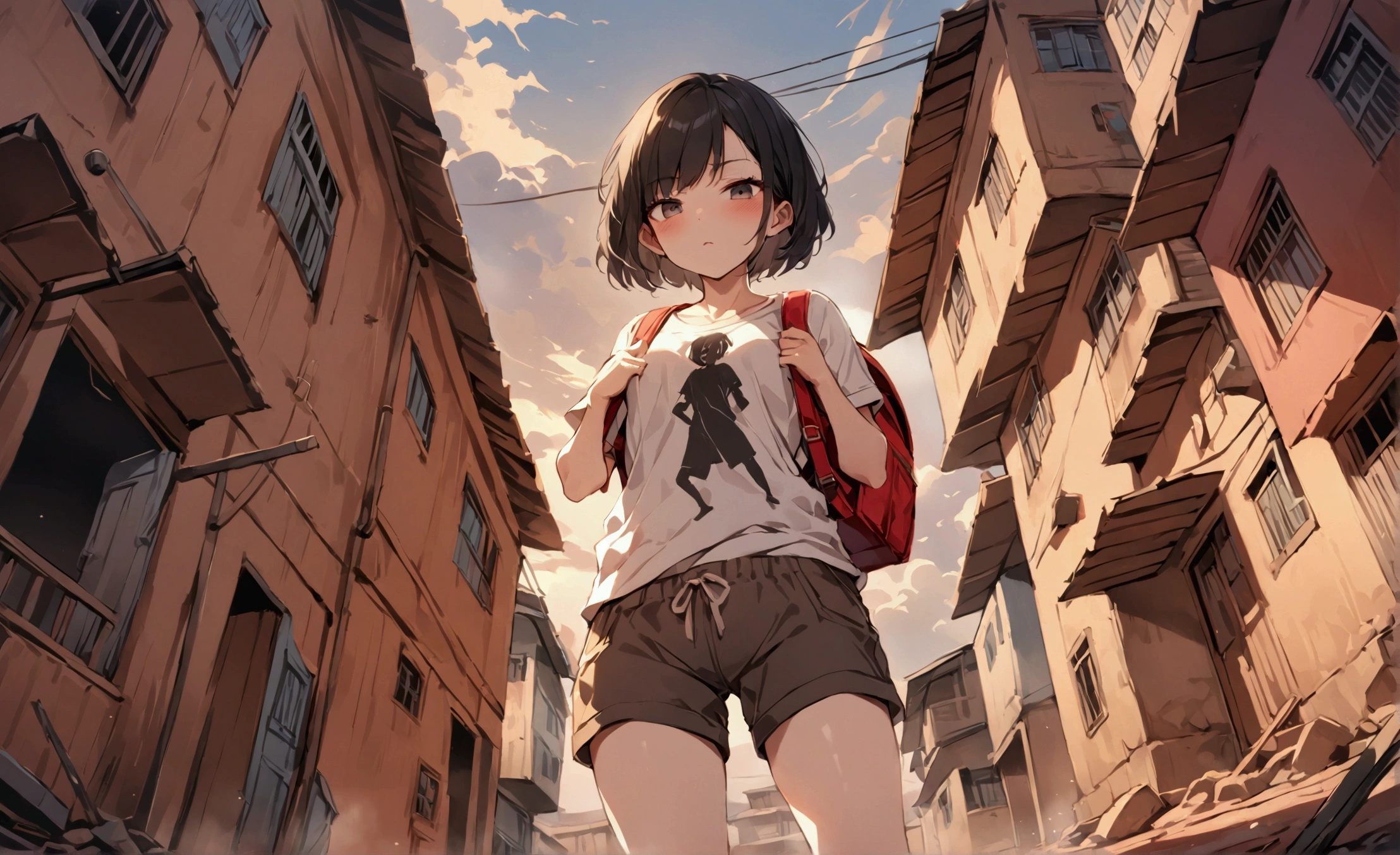 Masterpiece,  attractive girl carrying a backpack,  short hair, Black Hair, Worn out T-shirt,  shorts, 4K resolution,  Kampala, Illustration,  very detailed , Facial Features, Visual Effects, Powerful expression, Draw the whole body, extreme posing, Close to the audience,  angle from below diagonally, The background is a slum, Draw the details of the background and 