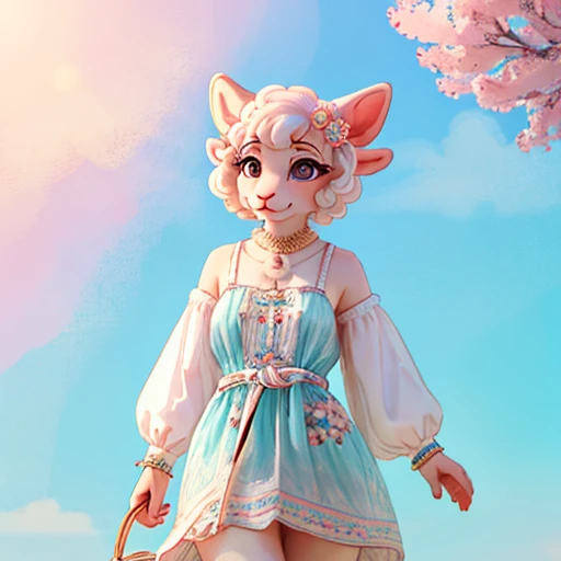  The female white sheep in the Beasters world radiates a gentle and graceful beauty.  has a slender physique and pure white coat , She exudes grace and purity .  incorporates cottage core fashion ,  She exudes whimsical charm ,  loose dress in pastel colors decorated with floral patterns 