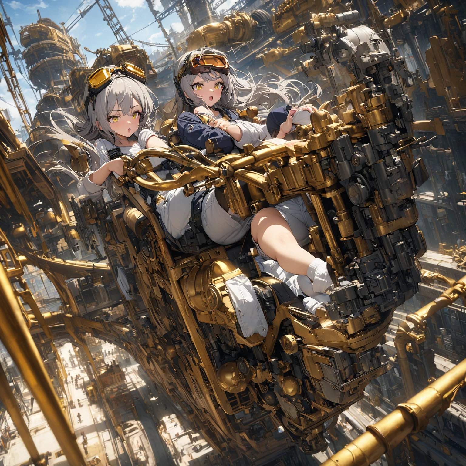 Masterpiece, detailed factory scenery, girl, gray hair, yellow eyes, big goggles on her head, super elaborate, super high quality, gold leaf is used, overall work clothes, huge machinery, metallic luster, girl is riding a gondola,