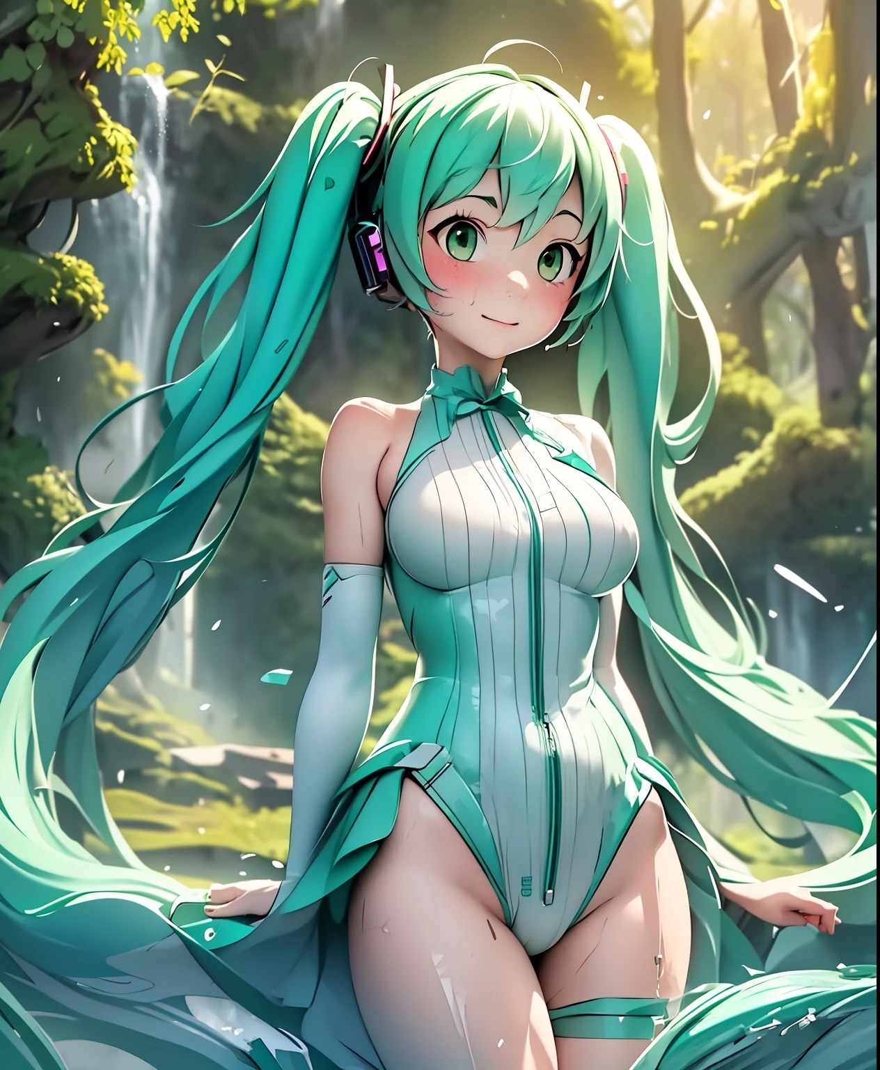 (masterpiece、Best Quality、Best Quality、Official Art、Beautiful and beautiful:1.2)、(One person:1.3) Hatsune Miku、 twin tails,Beautiful breasts,Happy girl, Center, looking at camera, Approaching perfection, dynamic, (With shades of blue (( forest green 1.5)))), Advanced Details, Digital Painting , Art Station , concept art, , sharp concentration , Illustration, Works by Carne Griffiths and Wadim Kashin, Detailed face, 4K