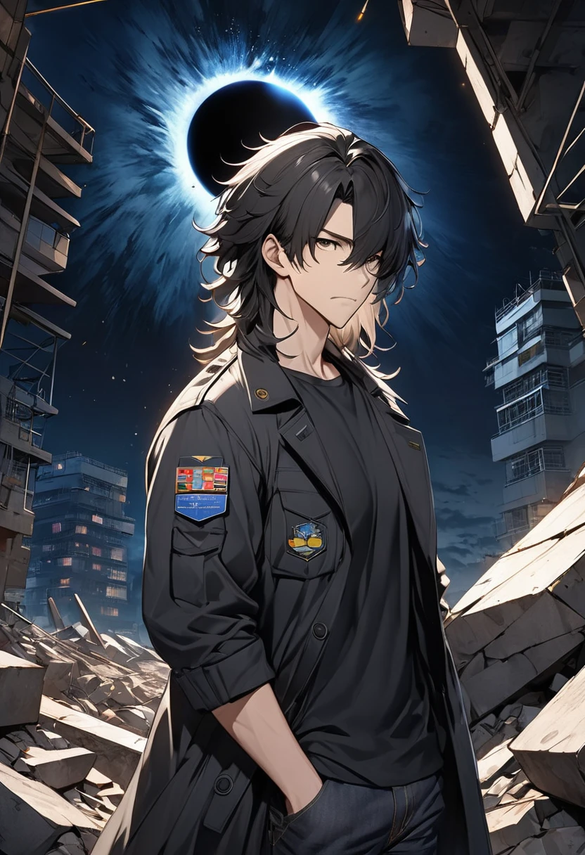 Code Name"Gravity", Handsome Japanese man･Come to perch, clothing： wearing a black long coat in black t-shirt and black denim , Hairstyle：black wild medium hair, Calm expression,  is covered with a black aura , Operation Alone, background：, a black hole has occurred behind it, and the rubble is distorted in the air,The whole body of the military facility on a moonlit night  ,  best quality , shape,  very detailed , fine,  Kampala, 8k wallpaper, Biologically accurate depiction, real 2D digital art 