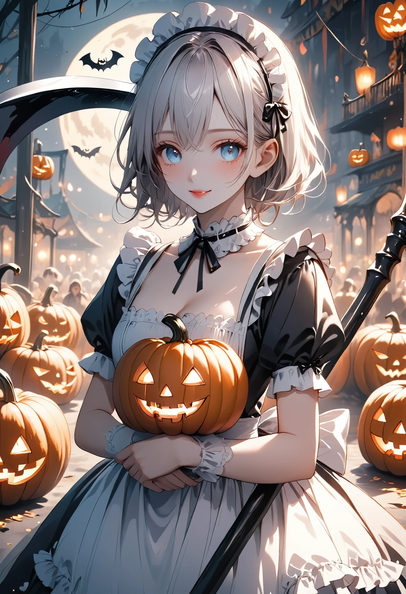 masterpiece, best quality, ultra-detailed, vivid colors, aggressive tone, Halloween-themed. A gothic maid stands motionless in the center of a haunted carnival, her frilly black and white maid outfit perfectly arranged, with sharp lace edges glowing faintly in the eerie light. In one hand, she gently holds a large, candy-shaped scythe, her fingers curled delicately around the handle. Her eyes gleam with a quiet madness, and a small, unsettling smile curves her lips. Around her, jack-o'-lanterns flicker and rusted carnival rides creak ominously, but she remains calm, standing tall and poised, as if waiting for her next victim to approach. The entire scene is filled with tension, as her stillness contrasts sharply with the chaotic background.