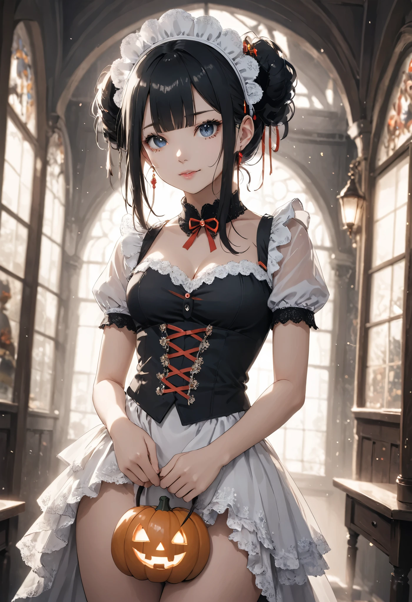 masterpiece, best quality, ultra-detailed, vivid colors, aggressive tone, Halloween-themed. A gothic maid stands motionless in the center of a haunted carnival, her frilly black and white maid outfit perfectly arranged, with sharp lace edges glowing faintly in the eerie light. In one hand, she gently holds a large, candy-shaped scythe, her fingers curled delicately around the handle. Her eyes gleam with a quiet madness, and a small, unsettling smile curves her lips. Around her, jack-o'-lanterns flicker and rusted carnival rides creak ominously, but she remains calm, standing tall and poised, as if waiting for her next victim to approach. The entire scene is filled with tension, as her stillness contrasts sharply with the chaotic background.