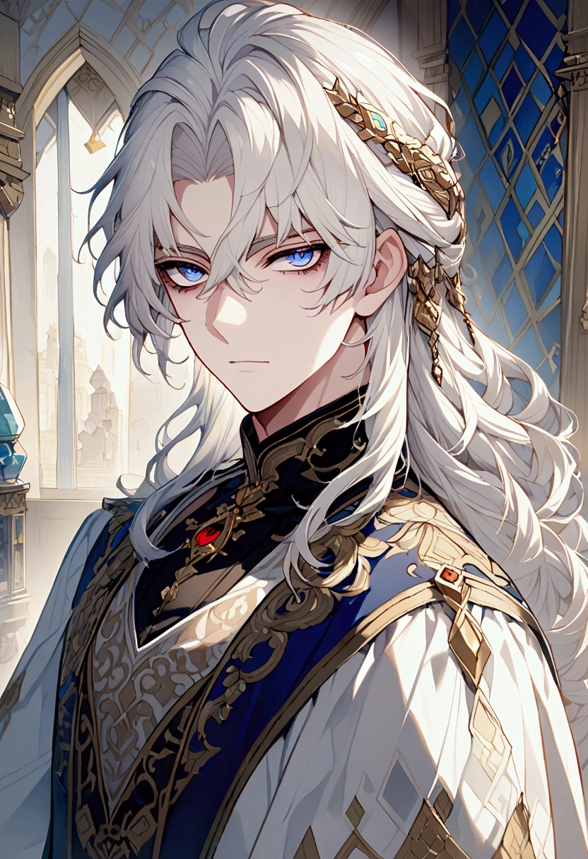 (white_hair), (Deep_Blue_crystal_eyes), (Handsome), (male),(wears_European_clothes), ((detailed_Hair)), ((detailed)), ((highly_detailed_eyes)), (detailed_mouth), (late_), (dark_under_eyes), (highly_refined),