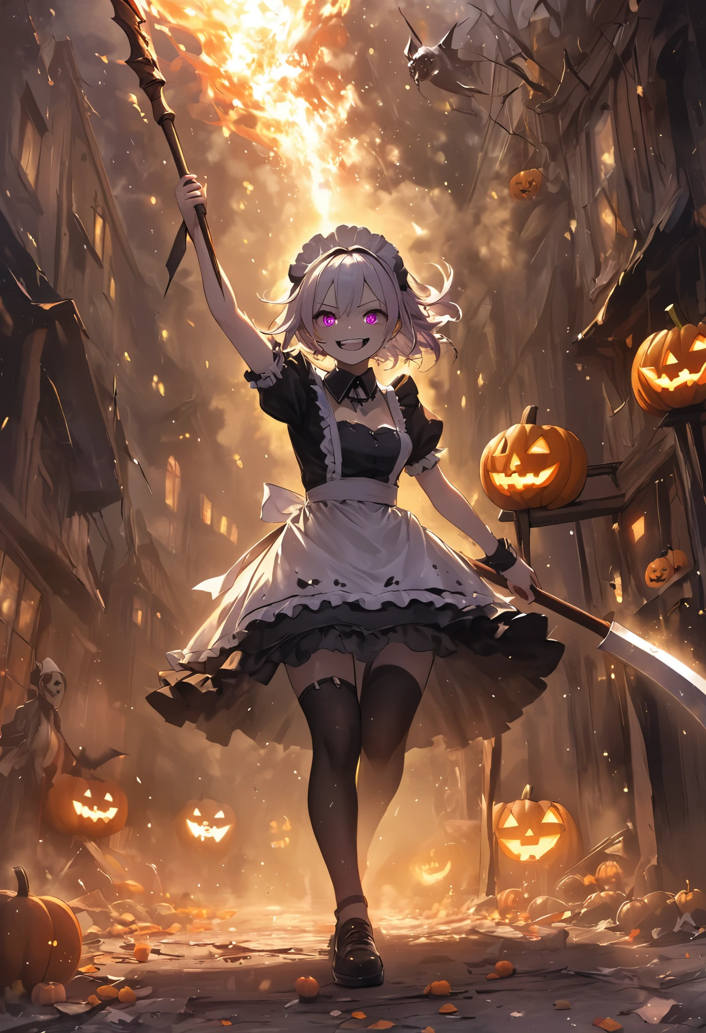 masterpiece, best quality, ultra-detailed, vivid colors, aggressive tone, Halloween-themed. A crazed maid in a gothic-style black and white frilly maid outfit lunges forward, her eyes wide with unhinged madness, a twisted smile spreading across her face. In one hand, she holds a large, dangerously sharp piece of candy in the shape of a scythe, glowing faintly with a sickly, sweet light. She charges through the entrance of an old, haunted carnival, soul knight,where rusted rides creak eerily in the background and jack-o'-lanterns flicker with ghostly flames. The dilapidated carnival is filled with broken down stalls, twisted metal, and fog that rolls along the ground, creating an unsettling atmosphere. The sky above is a swirling mix of purples and oranges, with bats flying overhead. The maid's frilly dress flutters wildly as she sprints forward, her candy-weapon raised high, ready to strike. The entire scene is filled with the energy of a chaotic Halloween nightmare, blending the sweetness of Halloween treats with a sense of impending doom and madness.
