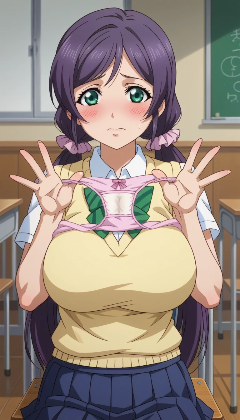  score_9, score_8_up, score_7_up, source_anime,  (anime coloring, anime screencap:1.2), flat color,  megami magazine , shiny skin,nozomi toujou, green eyes, purple hair, twintails, low twintails, scrunchie, long hair,otonokizaka school uniform, pleated skirt, school uniform, short sleeves, skirt, summer uniform, sweater vest, yellow sweater vest, Huge breasts,hanging breasts,gigantic breasts,long breasts,brest apart、sagging breasts,(masterpiece),(Best Quality),( very detailed ),( Kampala),8k,wallpaper,(1 female),(Japanese),(Beautiful female fingers:1.6, Detailed depiction of the hand:1.3),( functional),( voluminous ),Front,look at me,School,classroom,chair,machine,break(Panties as a gift:1.2),( shorts presentation),holding panties, Unworn Pantie ,embarrassed,flushed cheeks