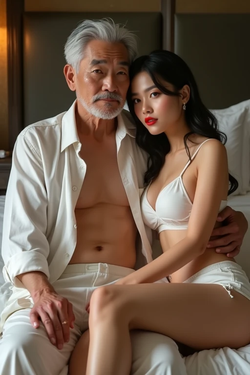 full body, wide shot, 1 Malay girl is 20 years old,(girl all nude, big breasts, wearing lingerie), long black hair, ((1 Malay man is 70 years old, very old, grey hair)), "young girl and old man kissing", young girl kissing old man, face to face, romantic, natural pose, girl squatting on the floor, girl open legs in an M shape, focus on old man, in the bedroom,
